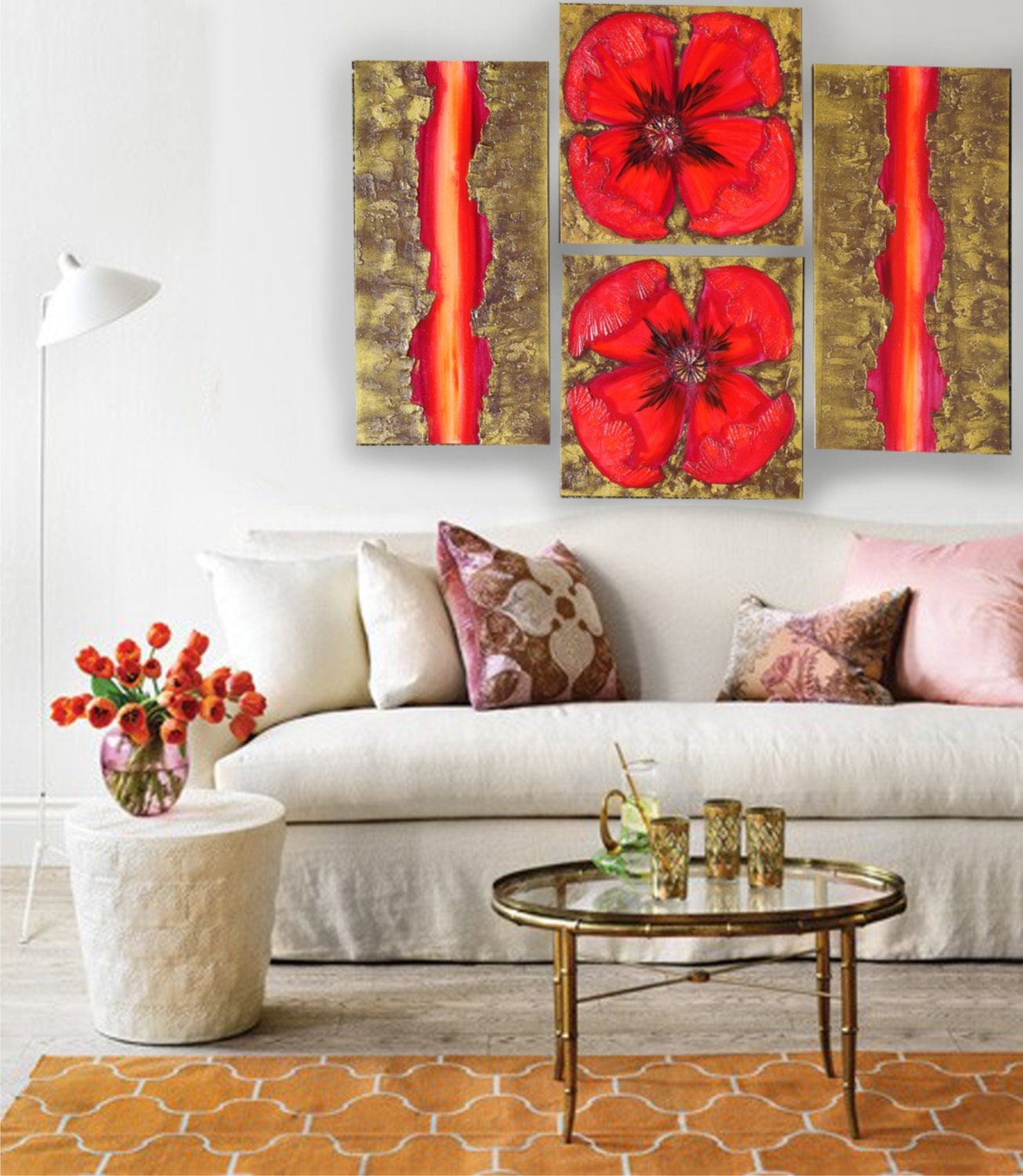 Red gold abstract Paintings “Poppies A049” — Large textured quadriptych
Original Acrylic Painting on Stretched deep Canvas by Artist Ksavera