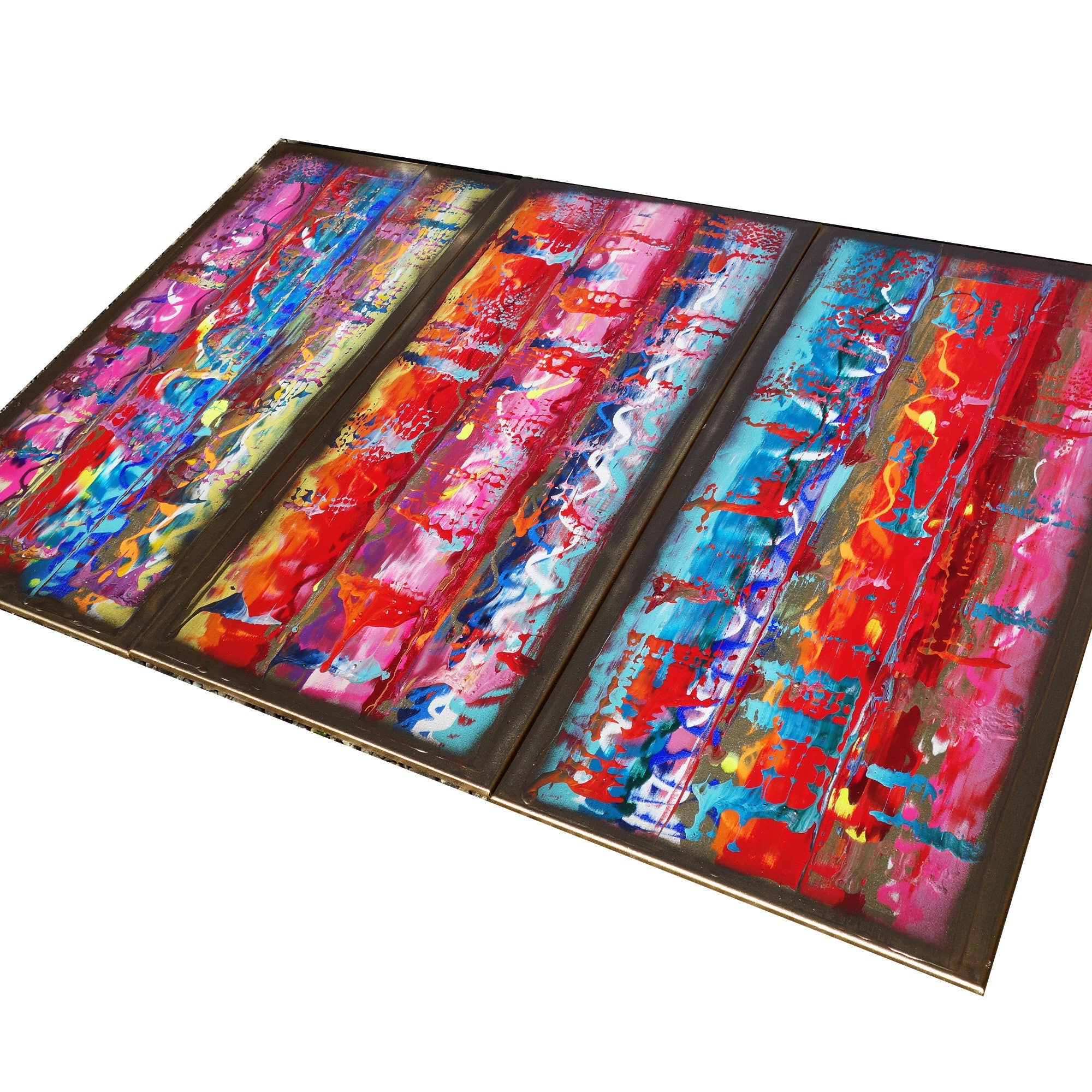 Gold colorful Paintings “Abstract A459” - Large palette knife Triptych by Ksavera