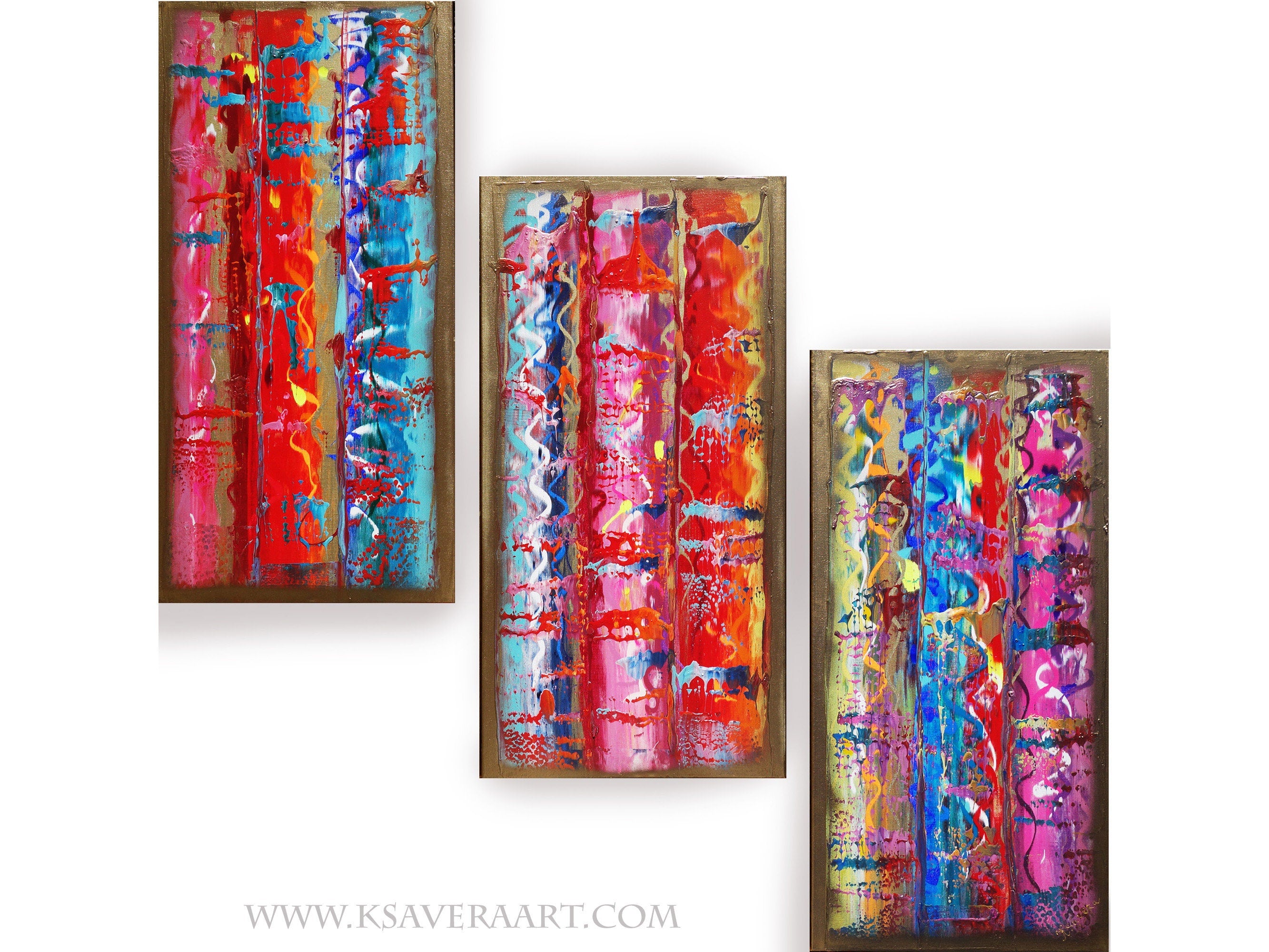 Gold colorful Paintings “Abstract A459” - Large palette knife Triptych by Ksavera
