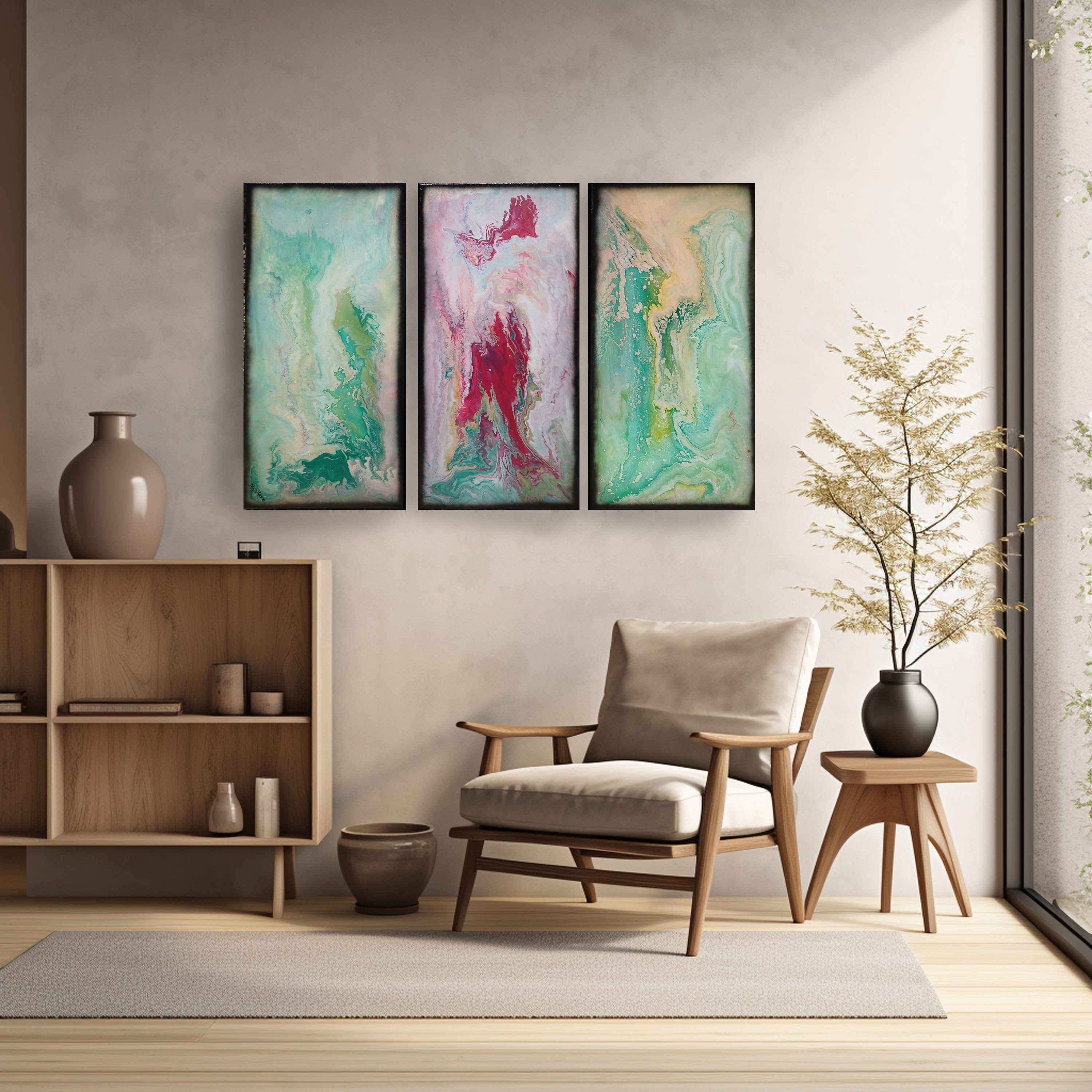 Abstract painting A1117 is a large-scale pouring green pink triptych.
Original Acrylic Paintings on stretched canvas by artist Ksavera.