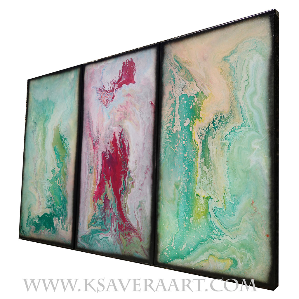 Abstract painting A1117 is a large-scale pouring green pink triptych.
Original Acrylic Paintings on stretched canvas by artist Ksavera.
