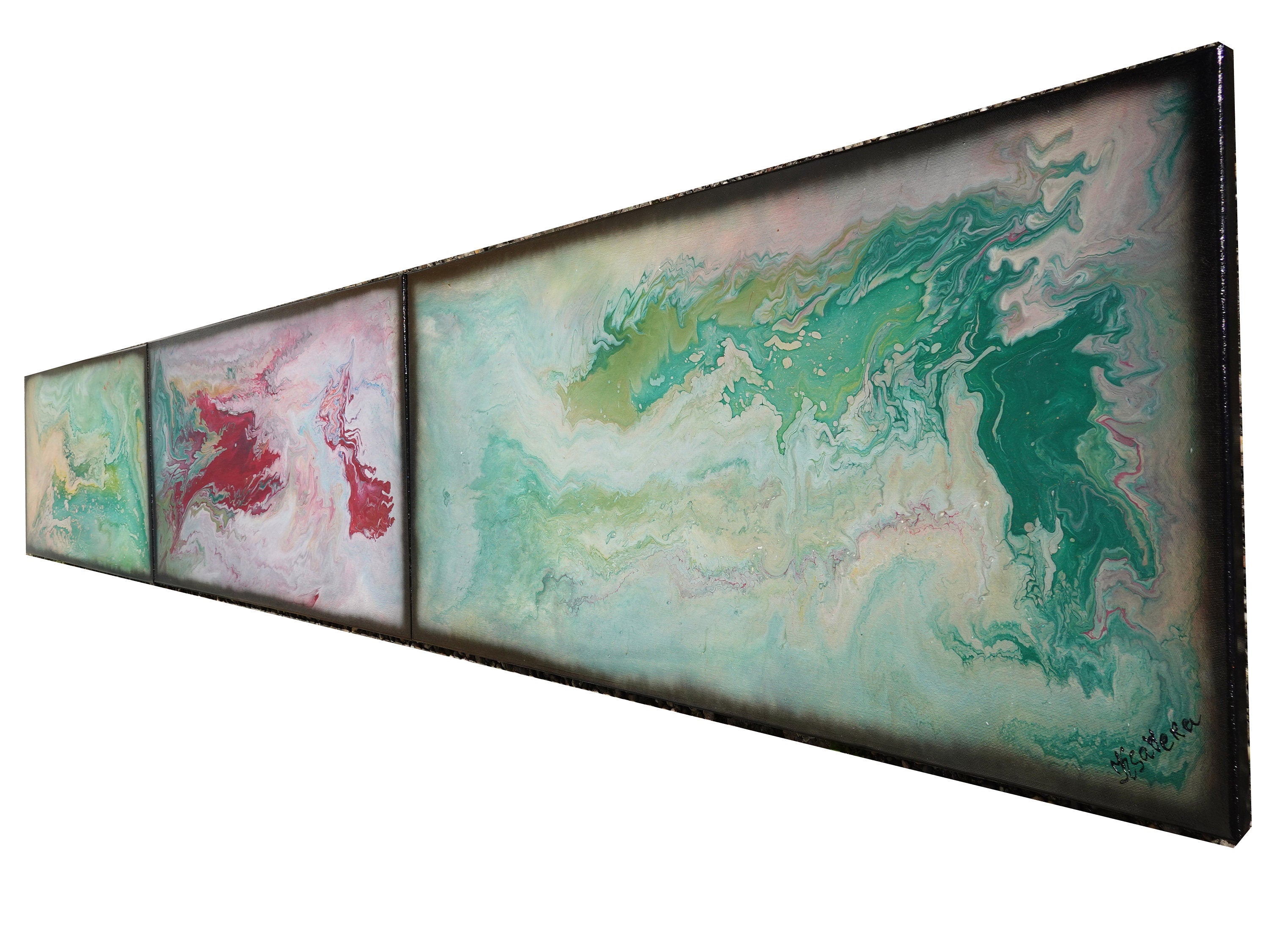 Abstract painting A1117 is a large-scale pouring green pink triptych.
Original Acrylic Paintings on stretched canvas by artist Ksavera.