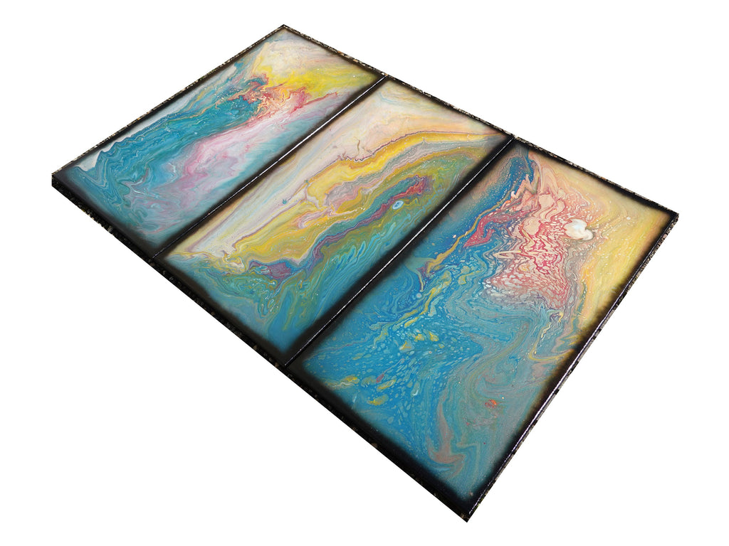 Abstract painting A1118 large pouring blue triptych by Ksavera