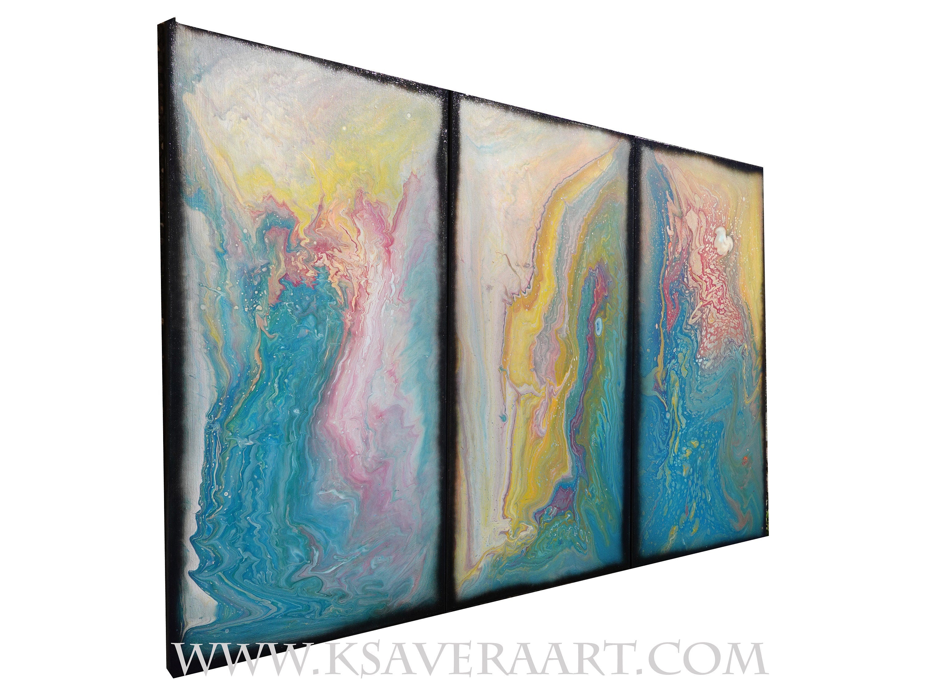 Abstract painting A1118 large pouring blue triptych by Ksavera