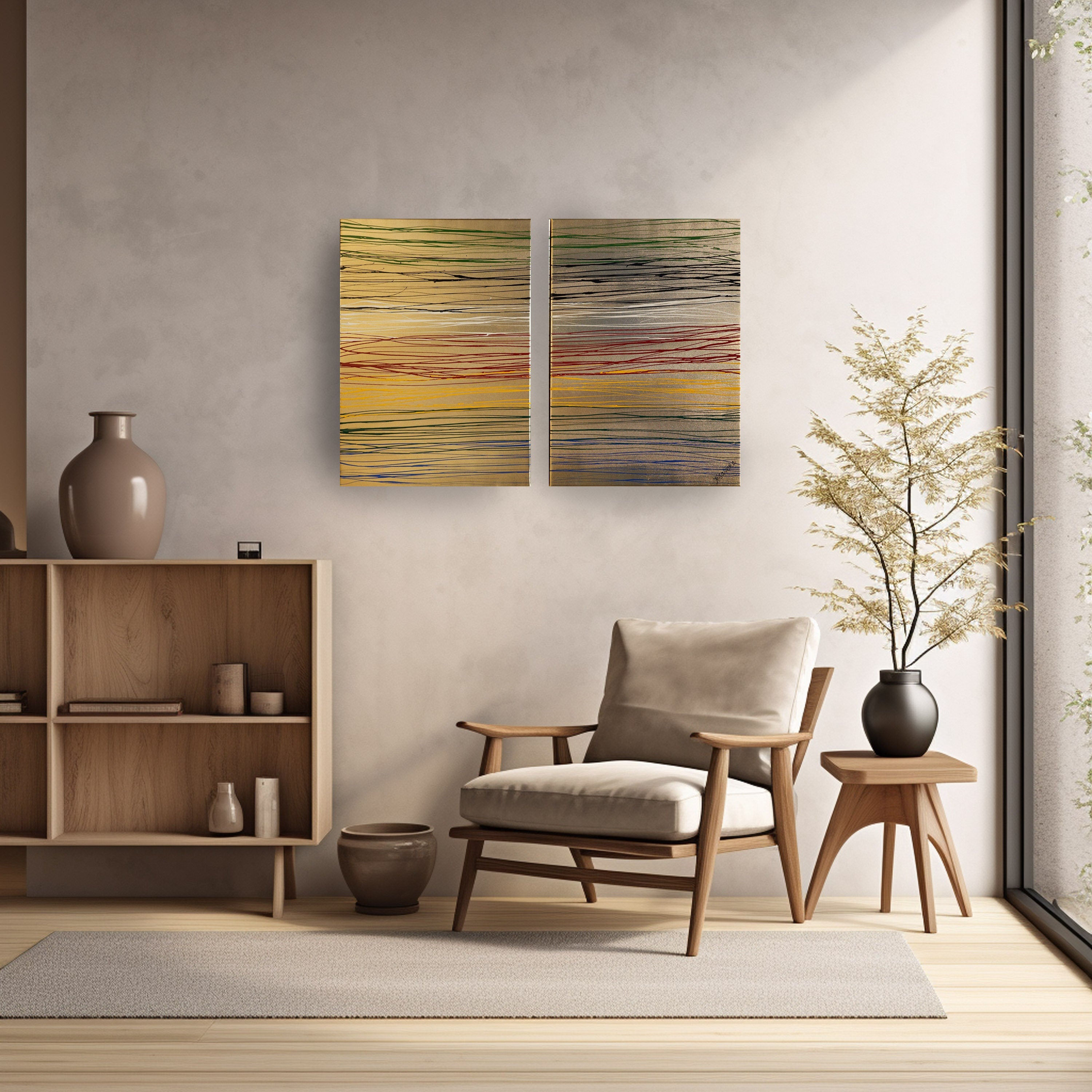 Peintures à rayures dorées « Abstrait A1124 » — Coulées de peinture - Diptyque long de Ksavera