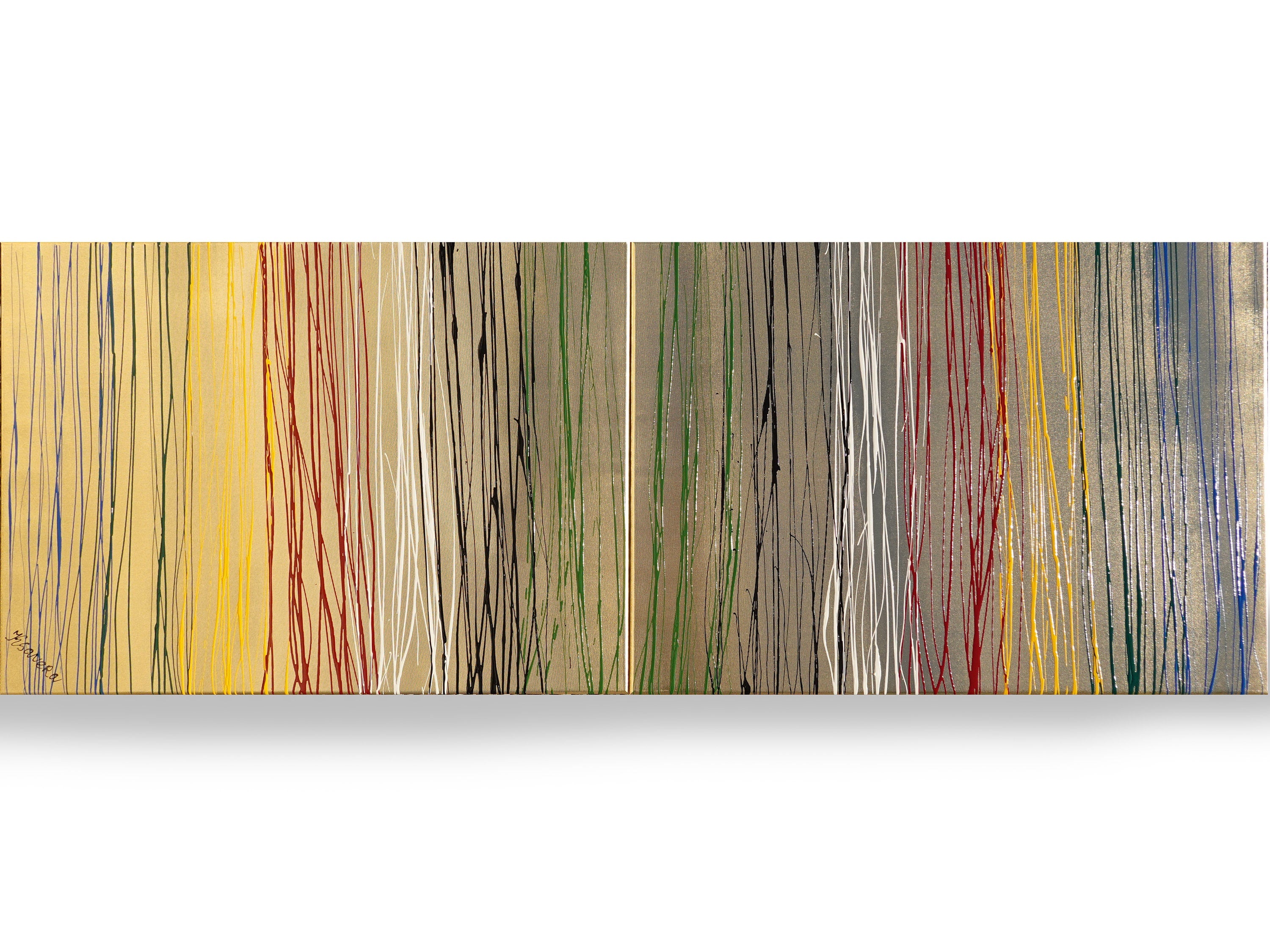 Peintures à rayures dorées « Abstrait A1124 » — Coulées de peinture - Diptyque long de Ksavera