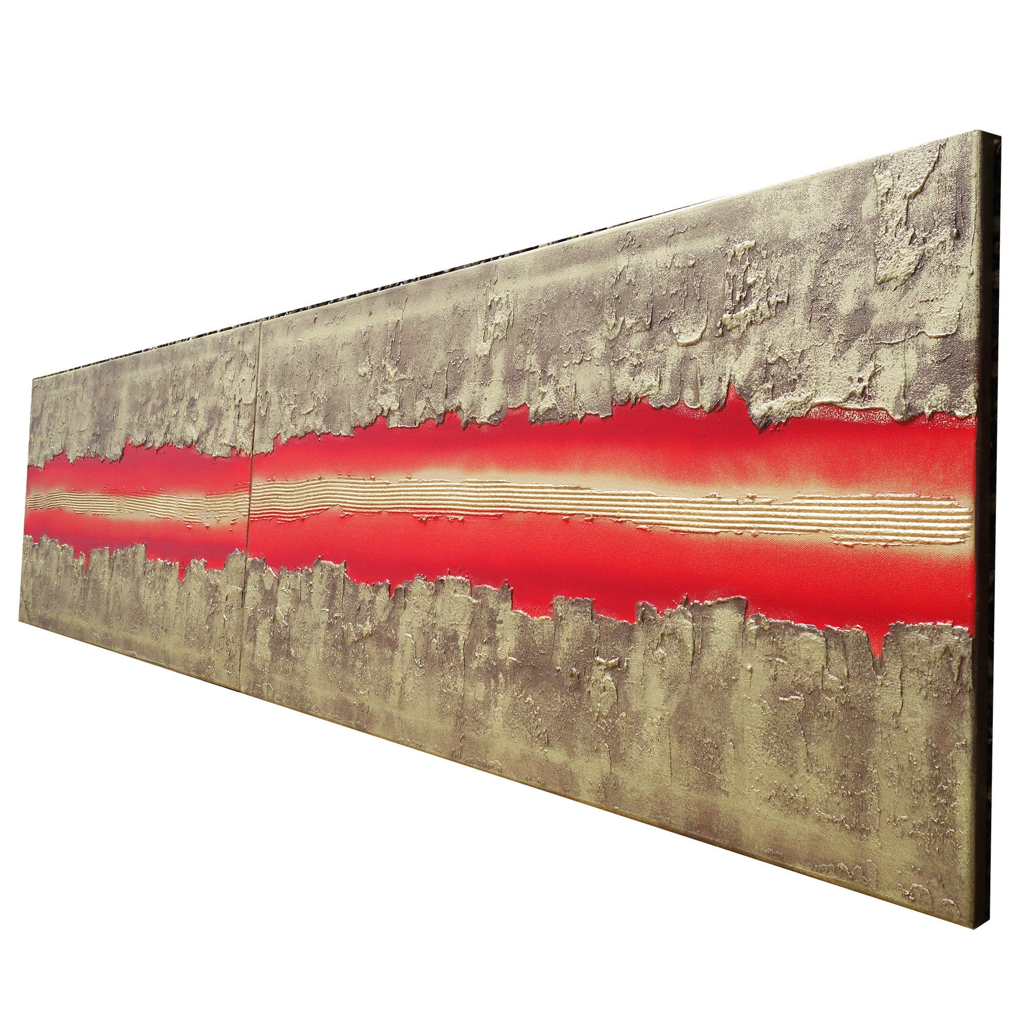 Gold Red Paintings “Abstract A470” - Textured Long Diptych by Ksavera