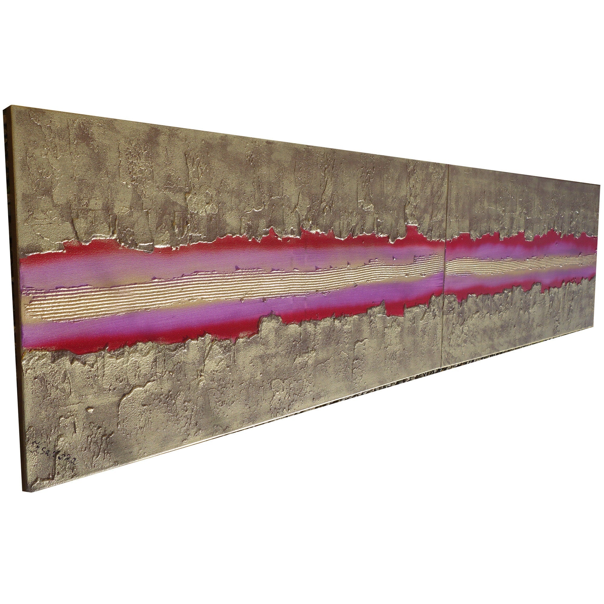 Gold Magenta Paintings “Abstract A471” - Textured Long Diptych by artist Ksavera