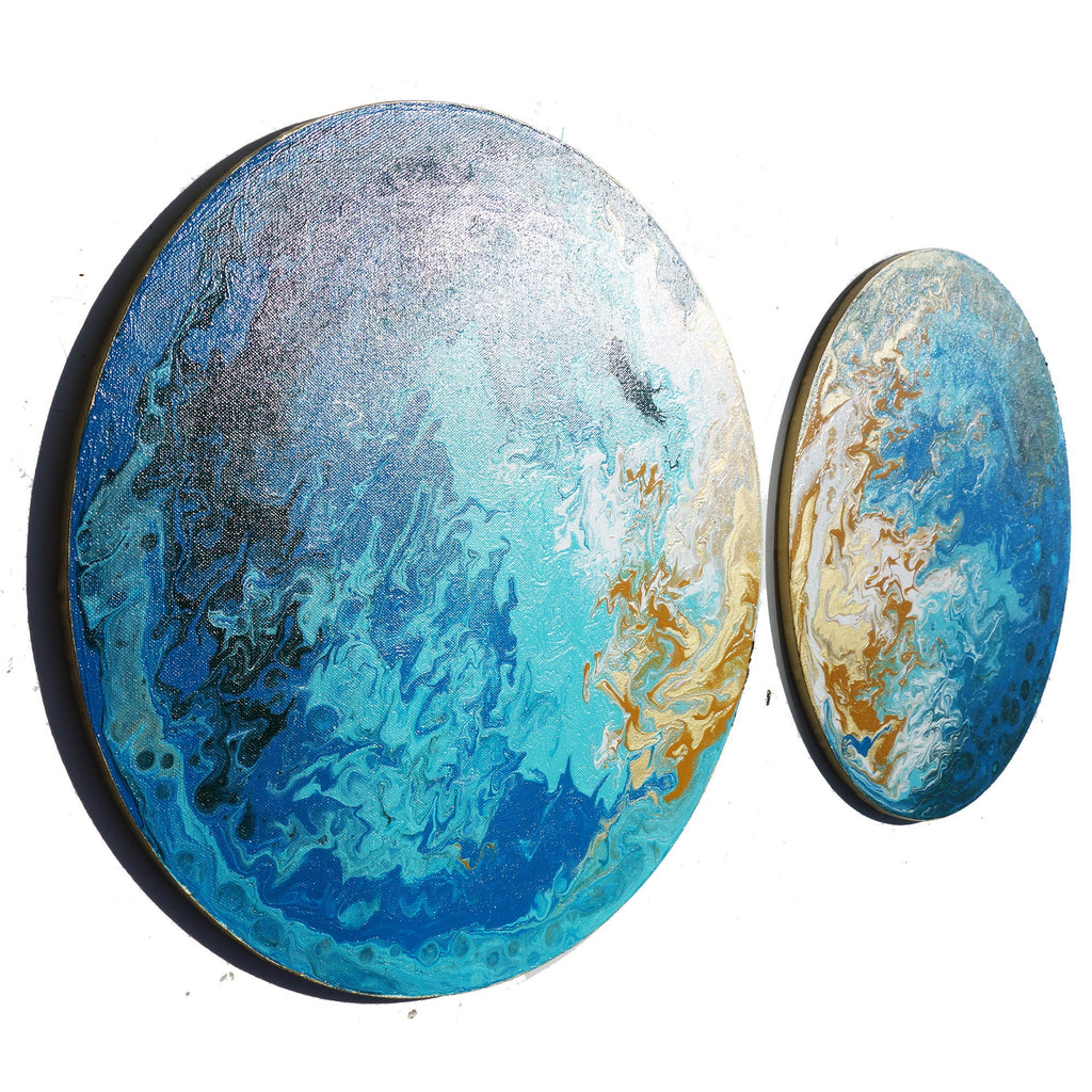 Seashore pouring Paintings “Abstract A547” - round blue painting by artist Ksavera