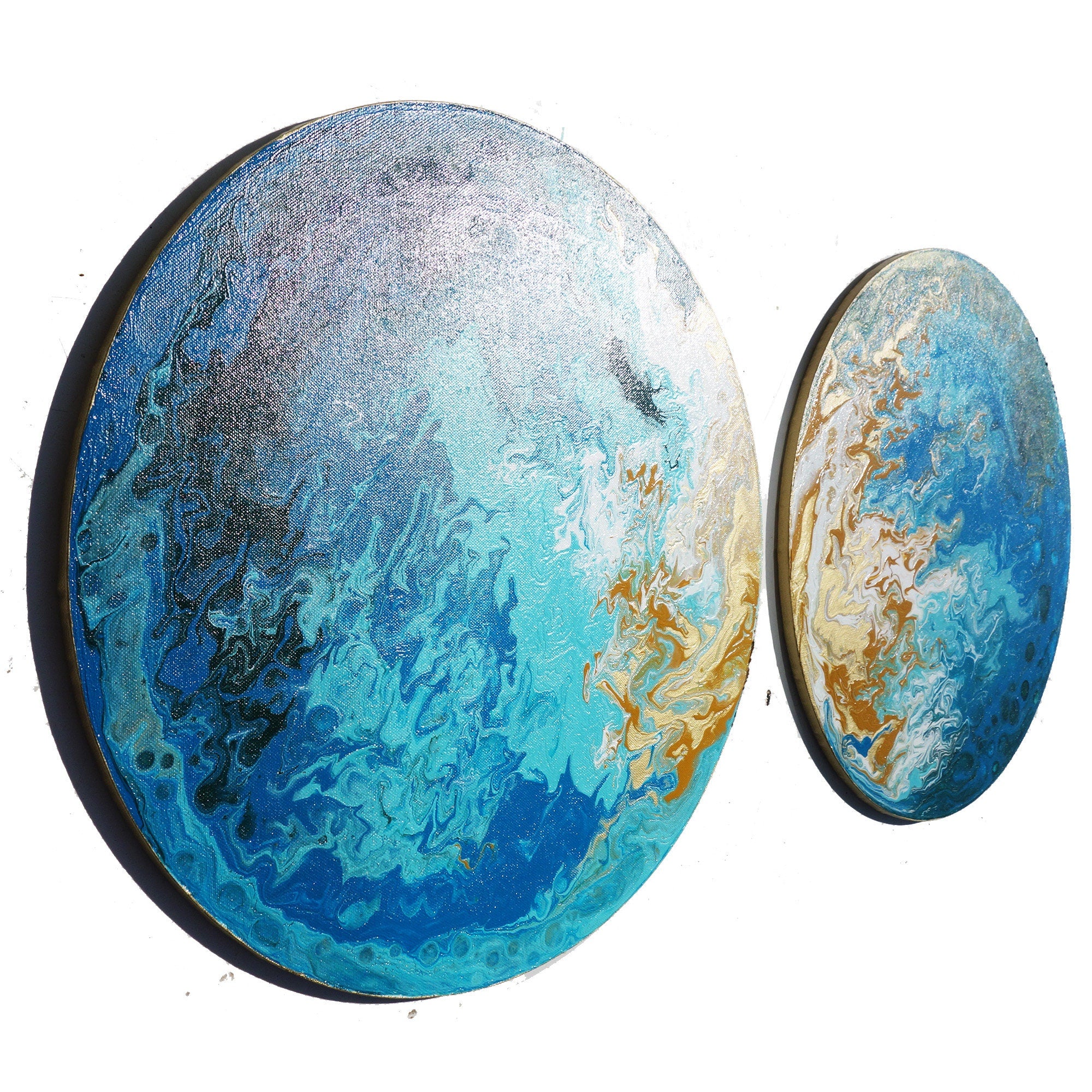 Seashore pouring Paintings “Abstract A547” - round blue painting by artist Ksavera