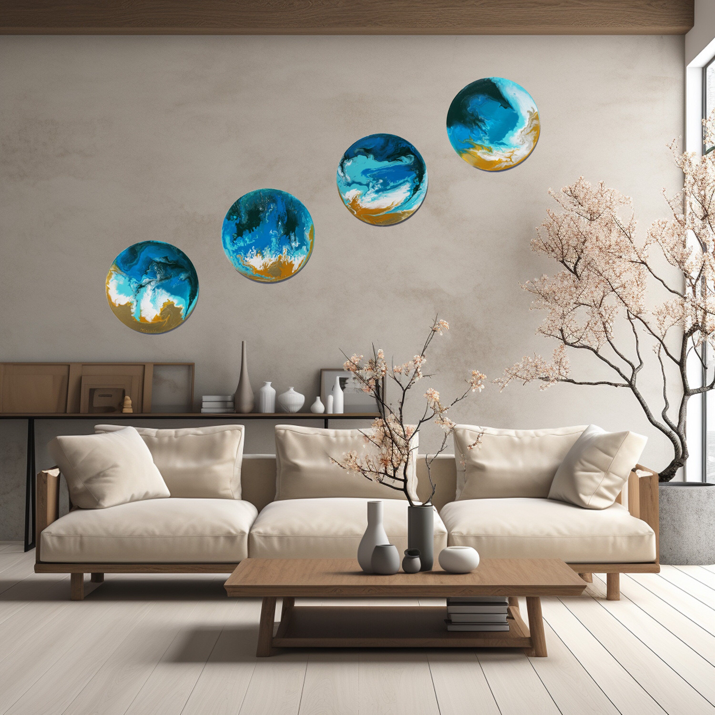 Seashore pouring Paintings “Abstract A547” - round blue painting by artist Ksavera