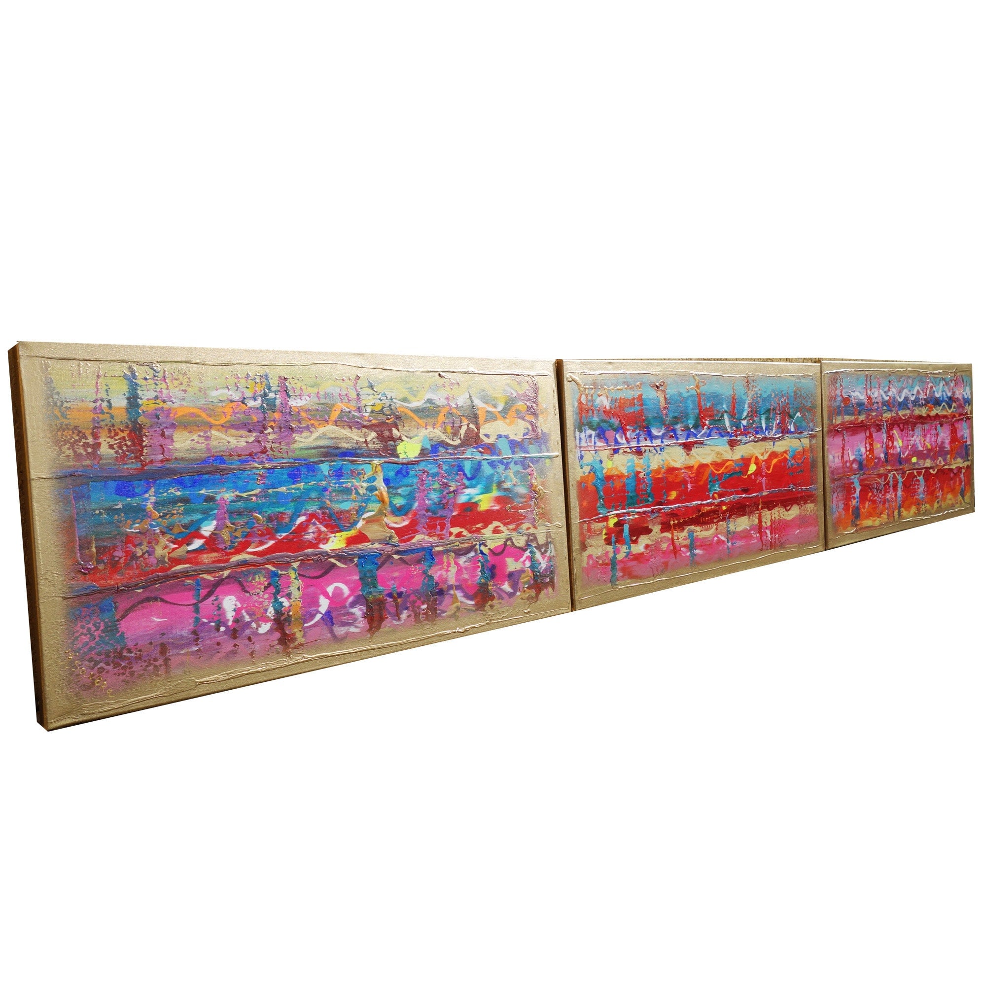 Gold colorful Paintings “Abstract A459” - Large palette knife Triptych by Ksavera