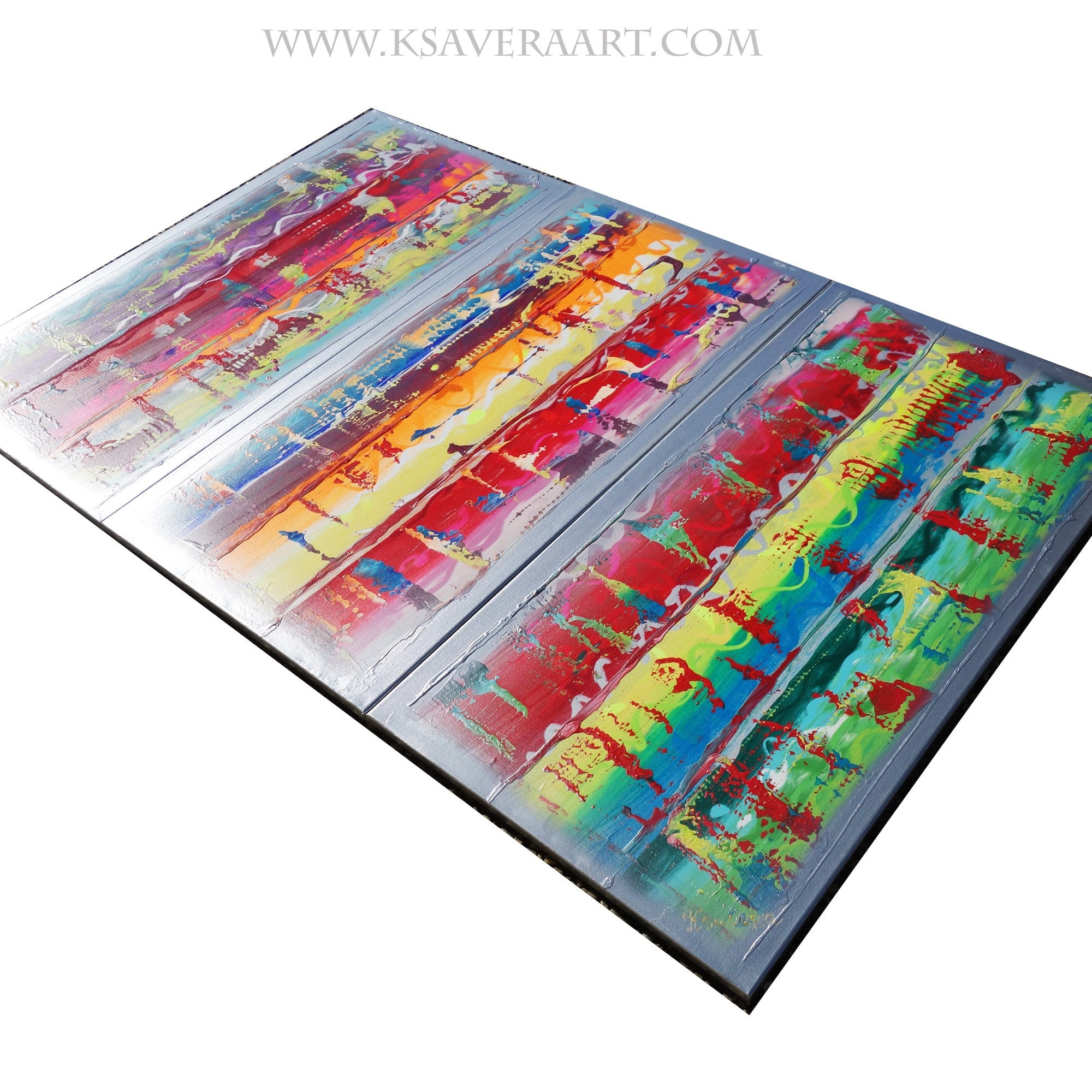 Silver colorful Paintings “Abstract A460” - Large palette knife Triptych by Ksavera