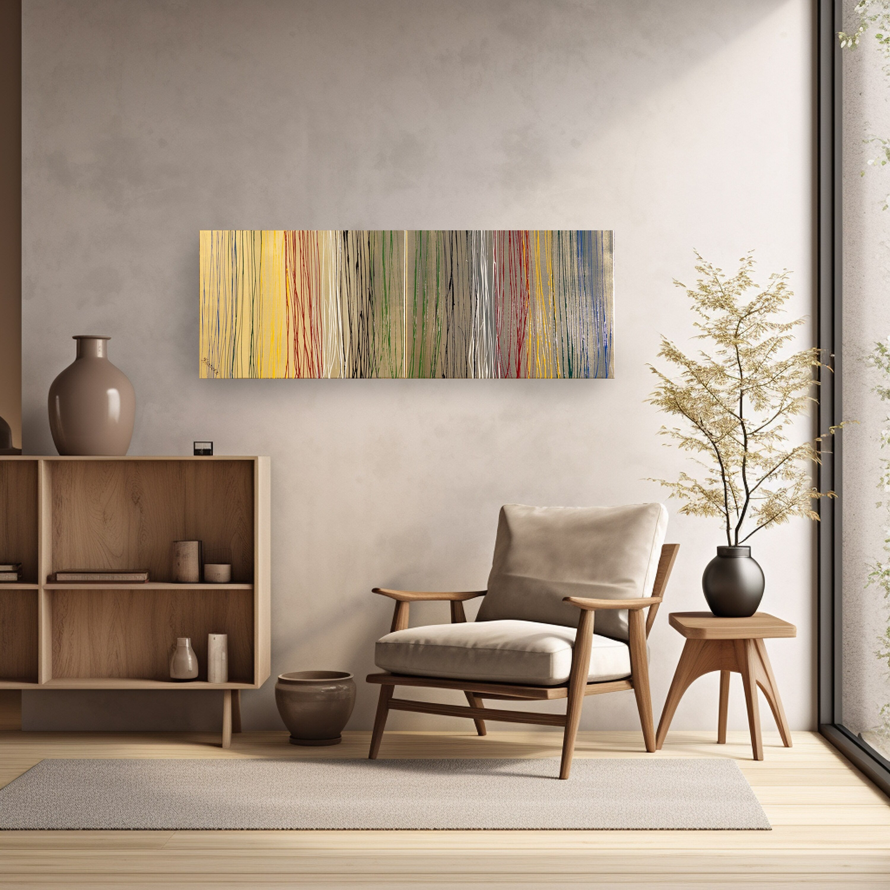 Peintures à rayures dorées « Abstrait A1124 » — Coulées de peinture - Diptyque long de Ksavera