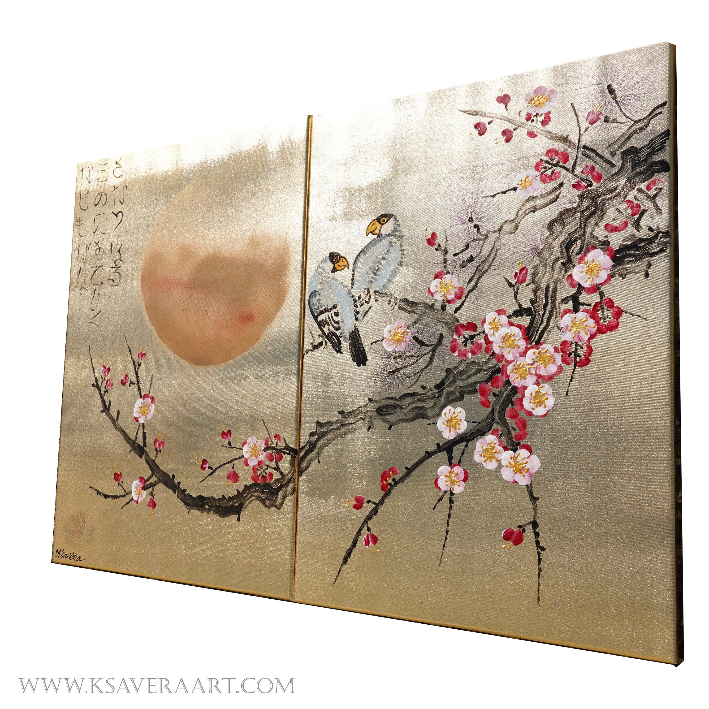 Sakura and love birds J324 is a Japanese-inspired gold diptych by Ksavera
