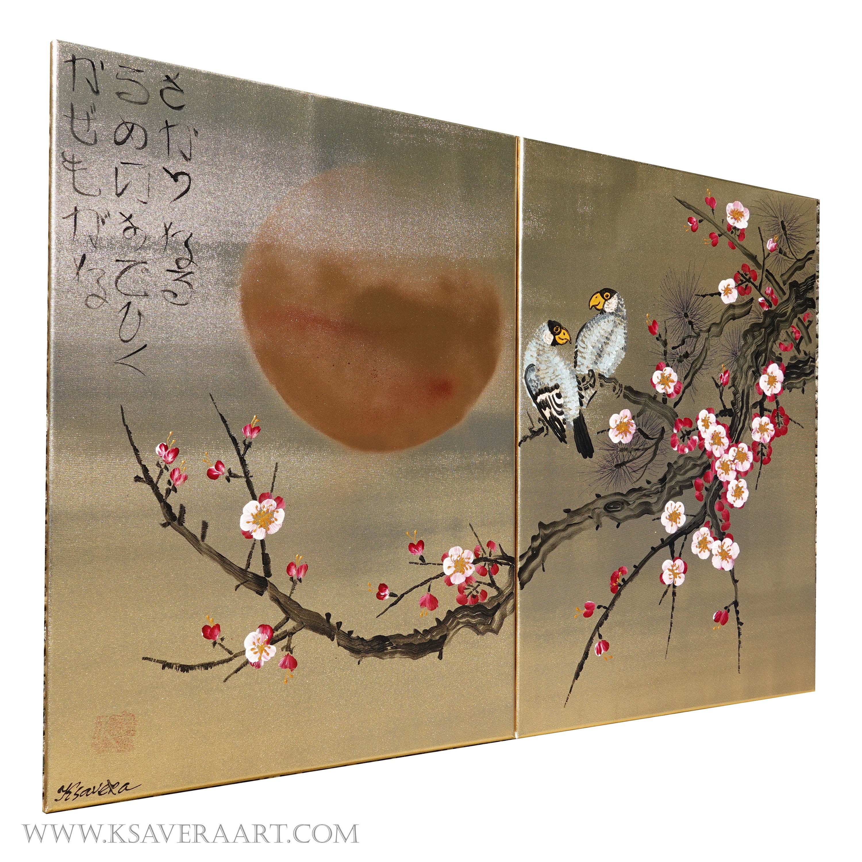 Sakura et inséparables J324 est un diptyque doré d'inspiration japonaise signé Ksavera