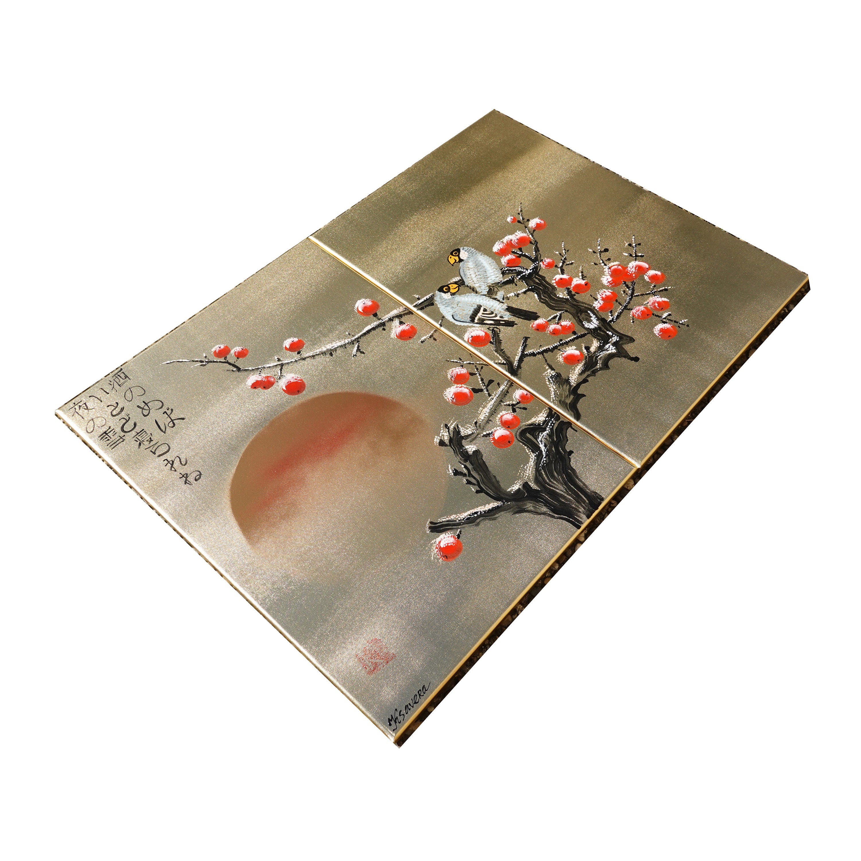 Apple tree in snow and love birds J324 is a Japanese-inspired gold diptych.
Original Acrylic Painting on stretched gold canvas by artist Ksavera.