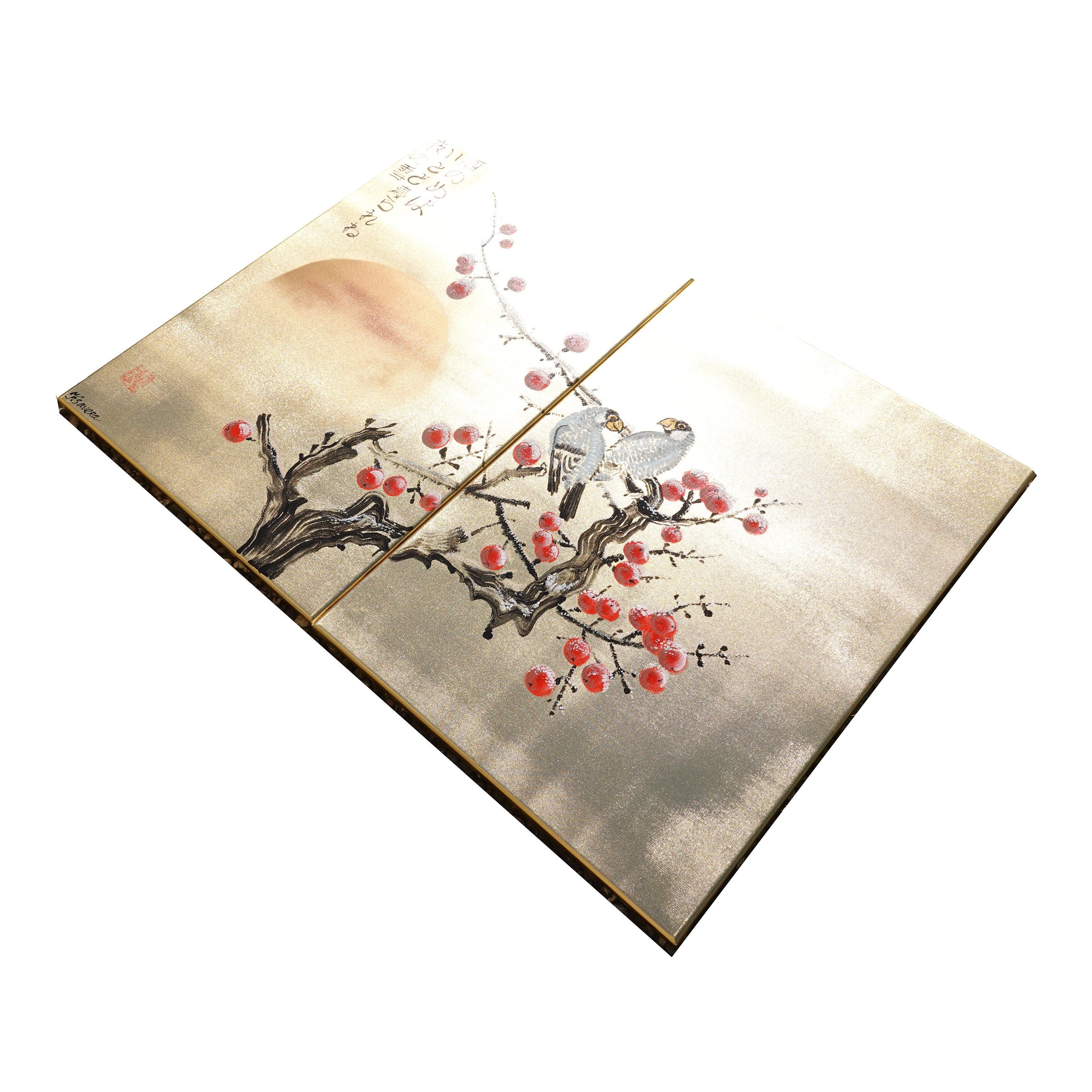 Apple tree in snow and love birds J324 is a Japanese-inspired gold diptych.
Original Acrylic Painting on stretched gold canvas by artist Ksavera.