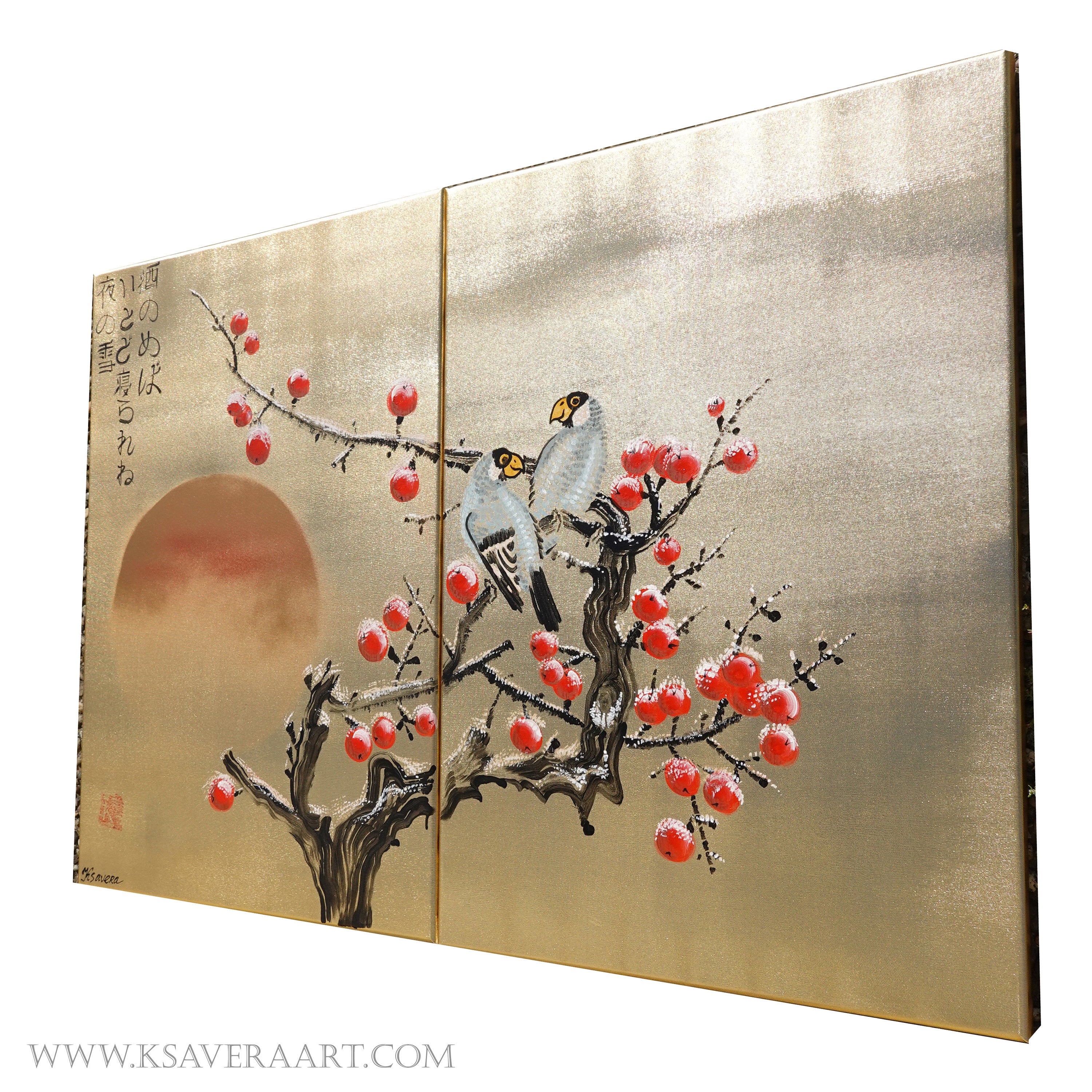 Apple tree in snow and love birds J323 is a Japanese-inspired gold diptych.
Original Acrylic Painting on stretched gold canvas by artist Ksavera.