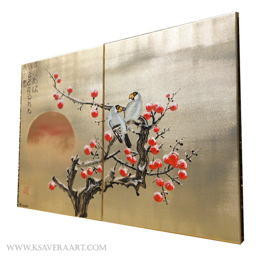 Apple tree in snow and love birds J323 is a Japanese-inspired gold diptych.
Original Acrylic Painting on stretched gold canvas by artist Ksavera.