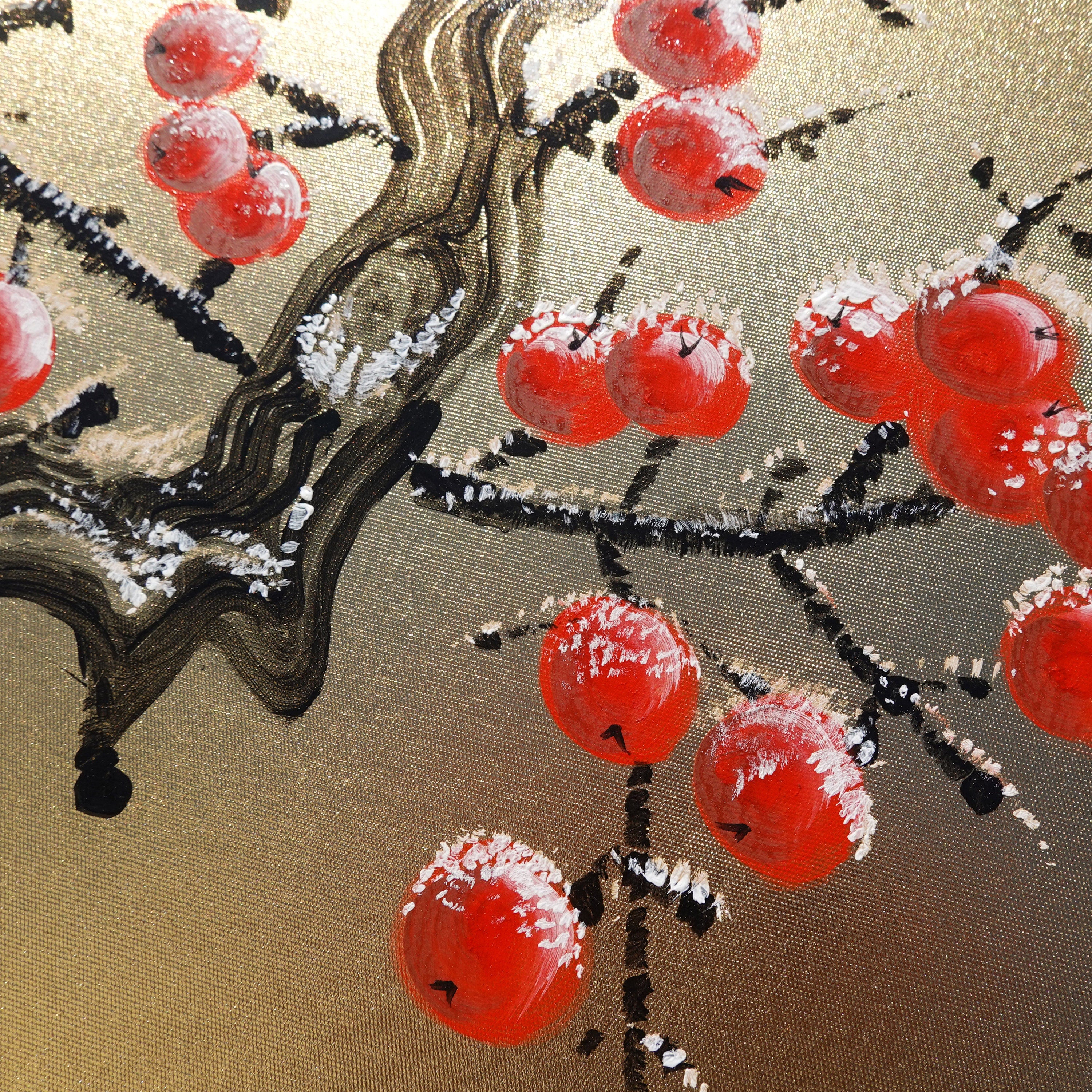 Apple tree in snow and love birds J324 is a Japanese-inspired gold diptych.
Original Acrylic Painting on stretched gold canvas by artist Ksavera.