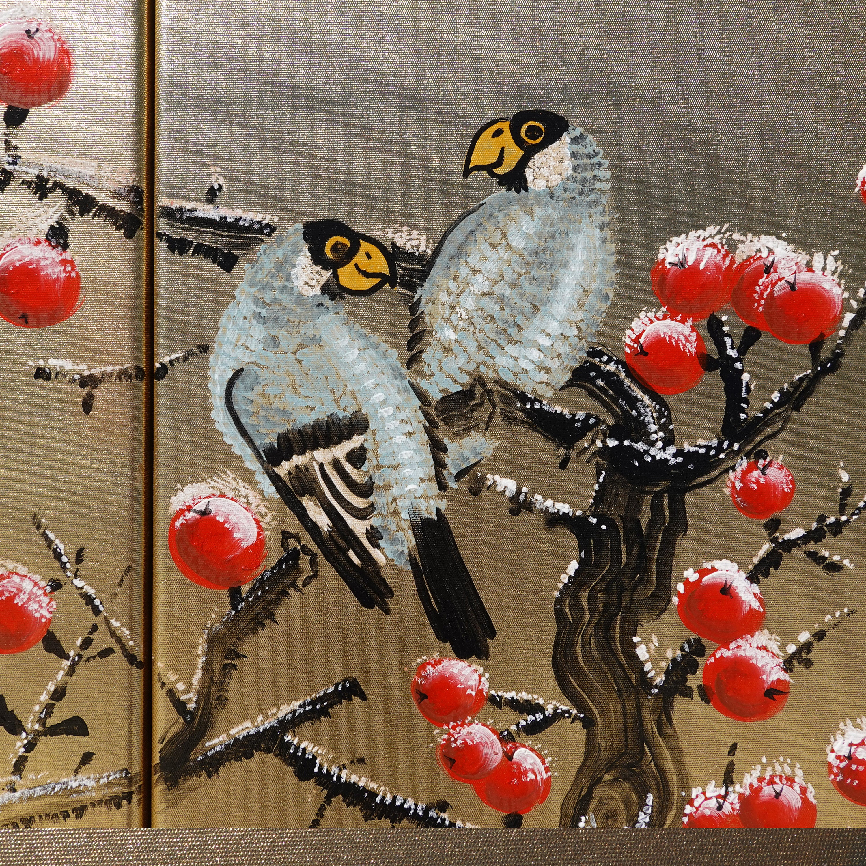 Apple tree in snow and love birds J324 is a Japanese-inspired gold diptych.
Original Acrylic Painting on stretched gold canvas by artist Ksavera.