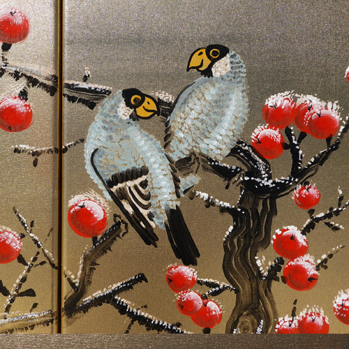 Apple tree in snow and love birds J324 is a Japanese-inspired gold diptych.
Original Acrylic Painting on stretched gold canvas by artist Ksavera.