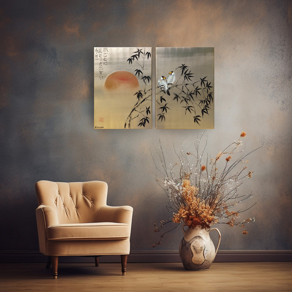 Bamboo and love birds J322 is a Japanese diptych. Original Acrylic Painting on stretched gold canvas by artist Ksavera