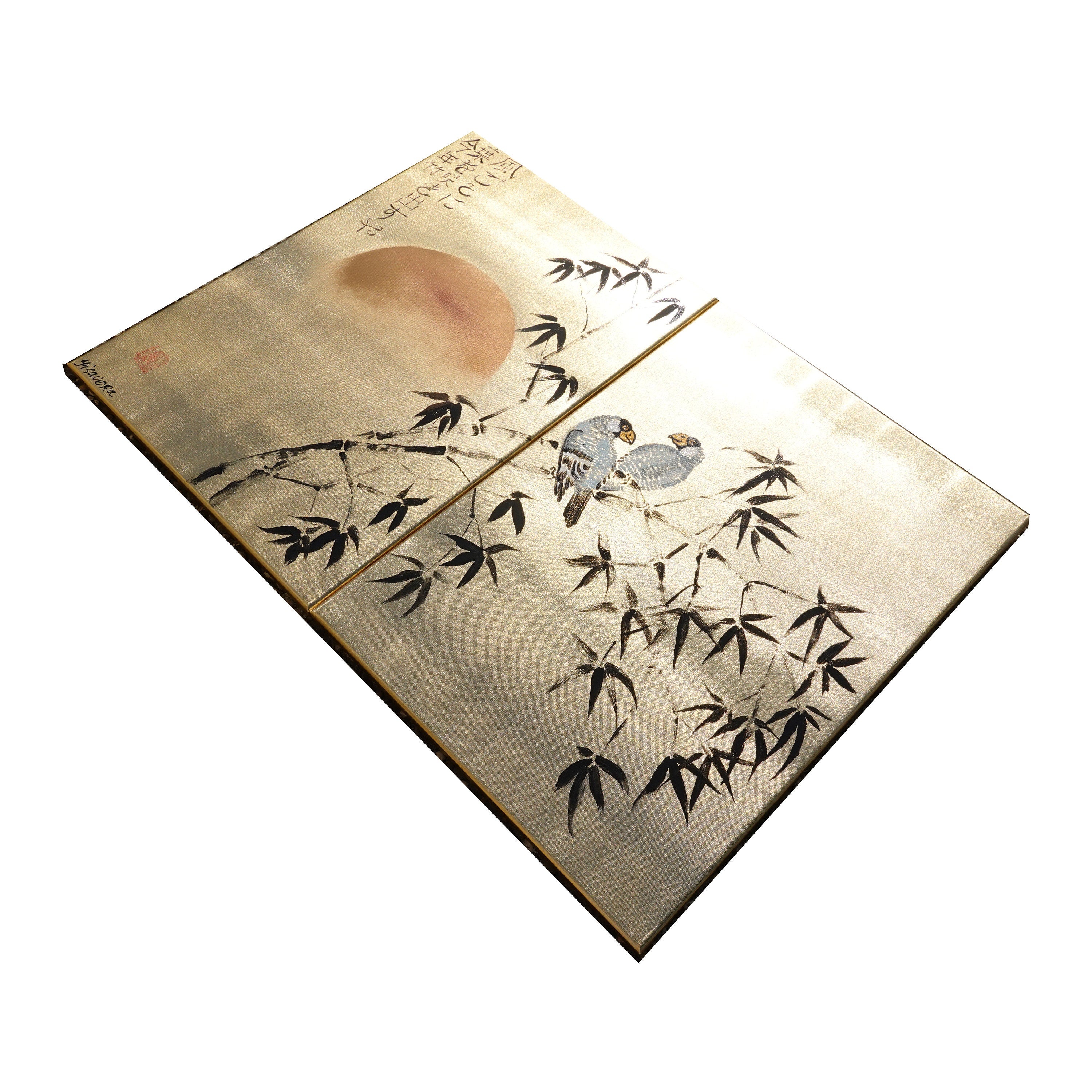 Bamboo and love birds J322 is a Japanese diptych. Original Acrylic Painting on stretched gold canvas by artist Ksavera
