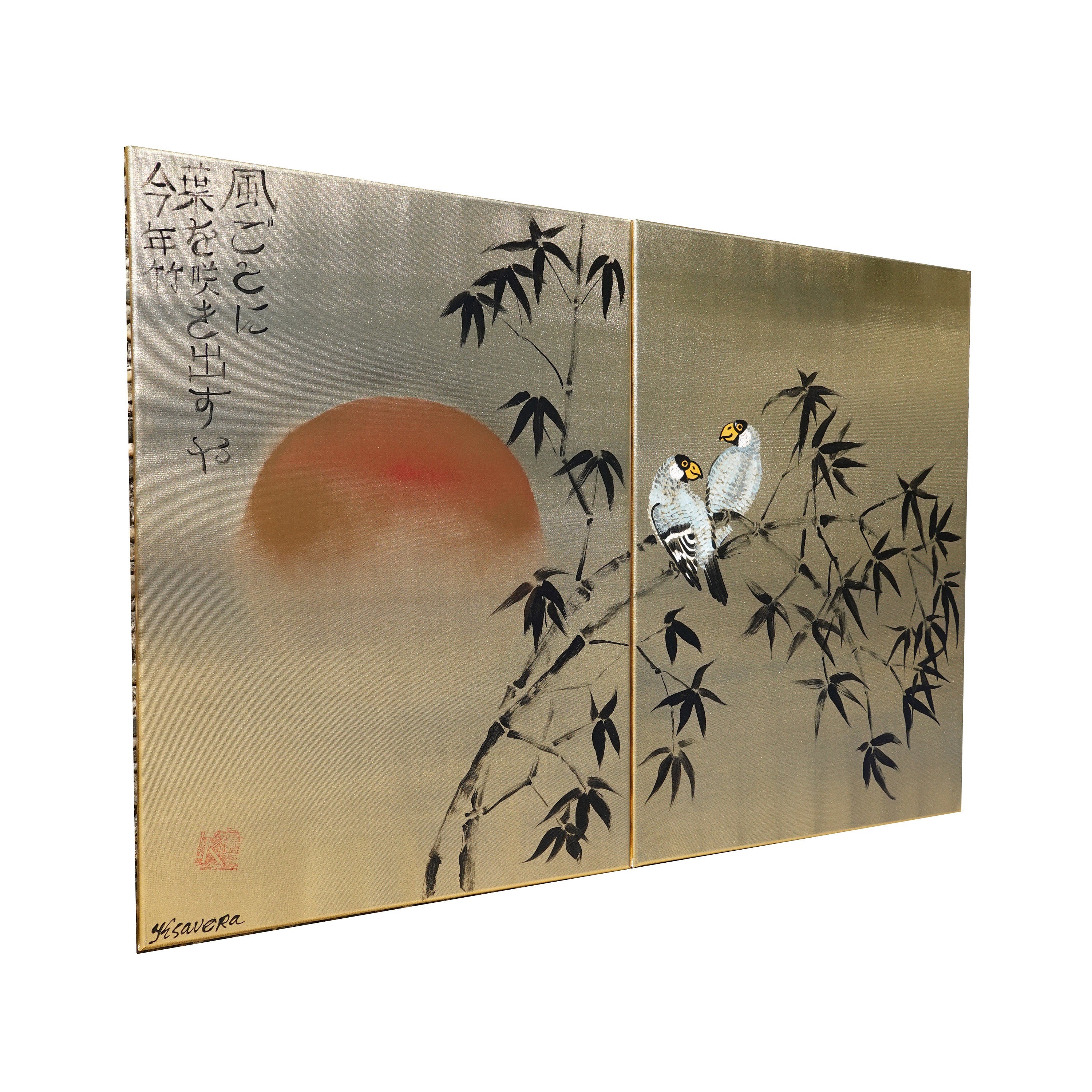 Bamboo and love birds J322 is a Japanese diptych. Original Acrylic Painting on stretched gold canvas by artist Ksavera