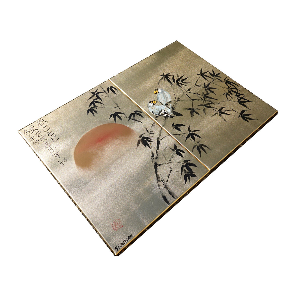 Bamboo and love birds J322 is a Japanese diptych. Original Acrylic Painting on stretched gold canvas by artist Ksavera