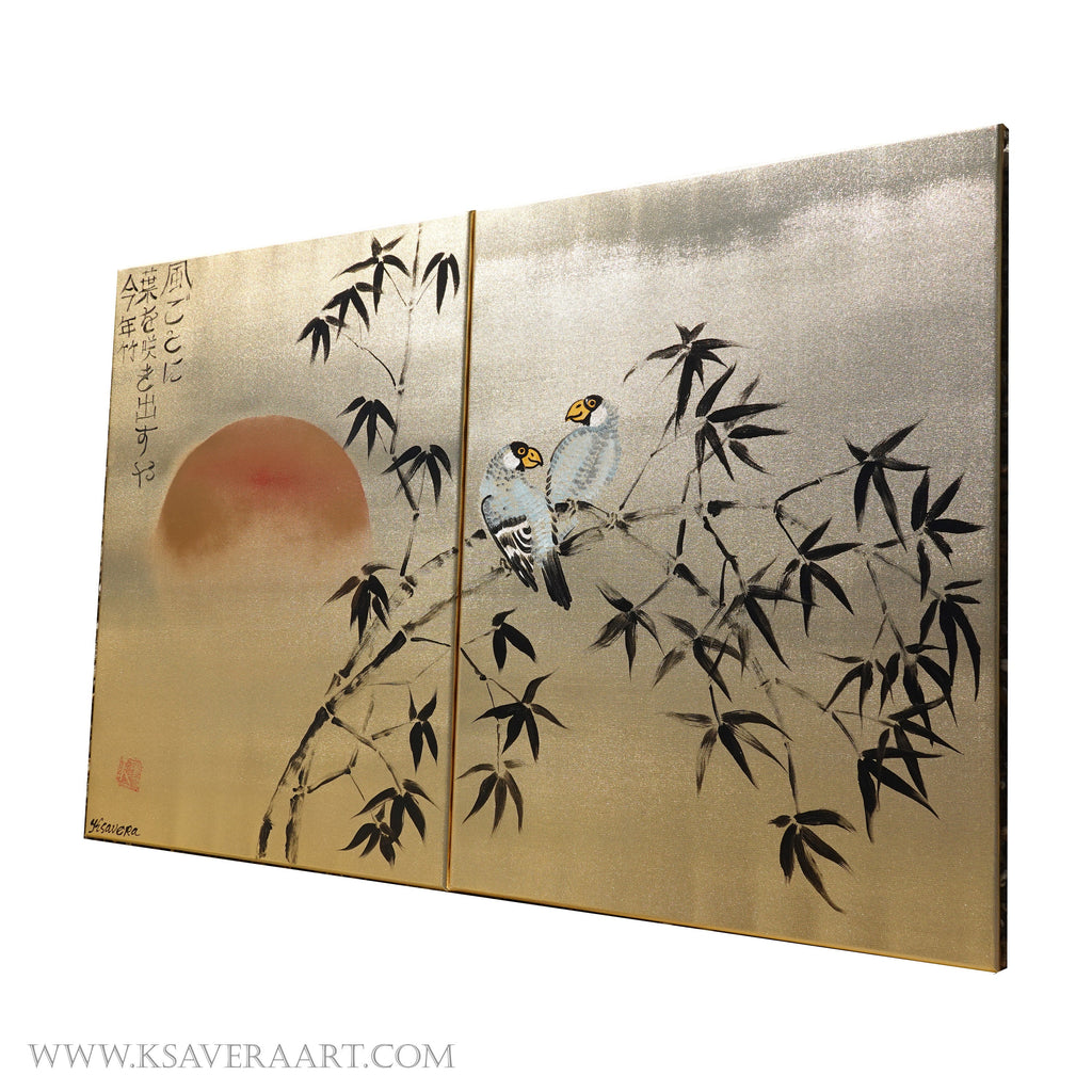 Bamboo and love birds J322 is a Japanese diptych. Original Acrylic Painting on stretched gold canvas by artist Ksavera