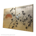 Bamboo and love birds J322 is a Japanese diptych. Original Acrylic Painting on stretched gold canvas by artist Ksavera