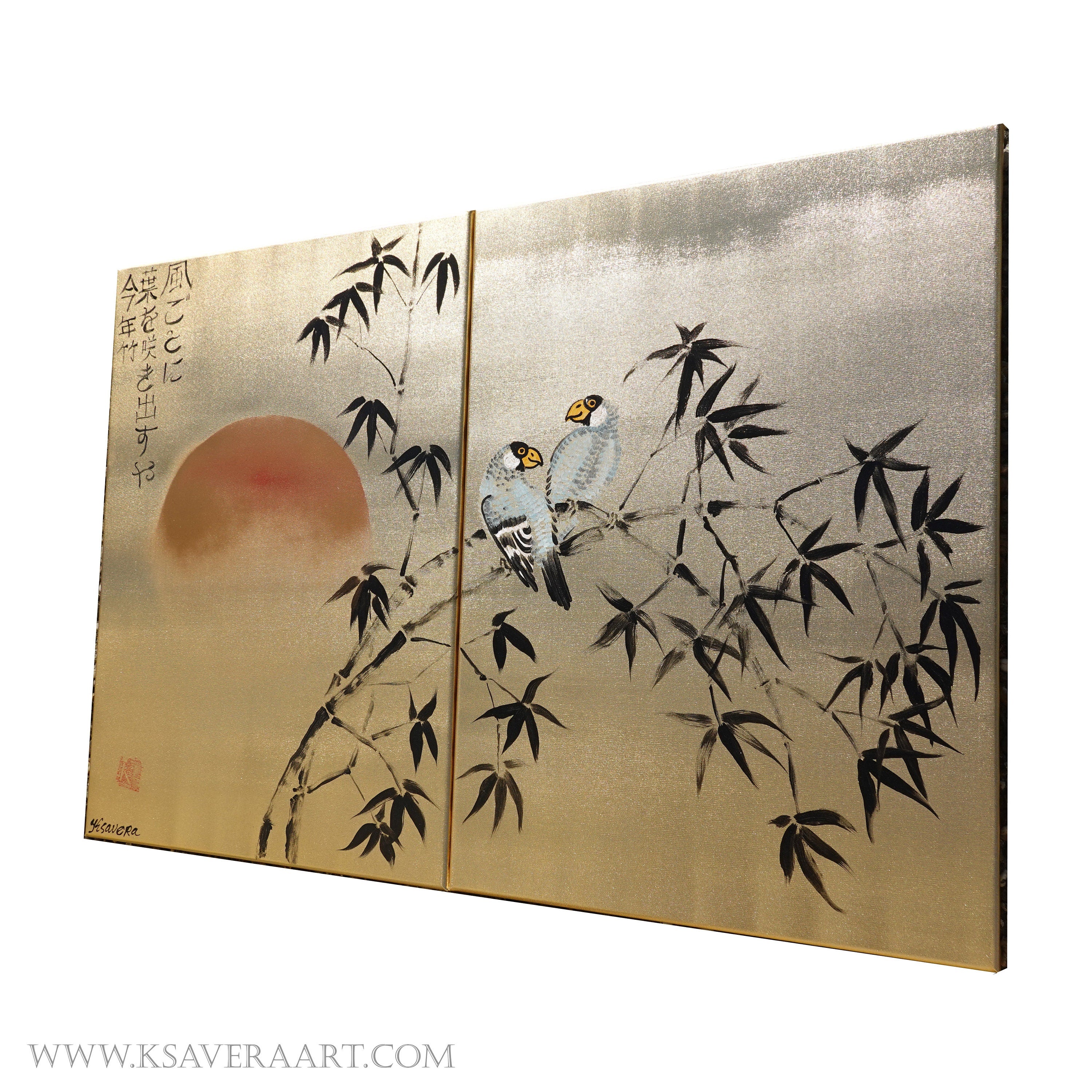 Bamboo and love birds J322 is a Japanese diptych. Original Acrylic Painting on stretched gold canvas by artist Ksavera