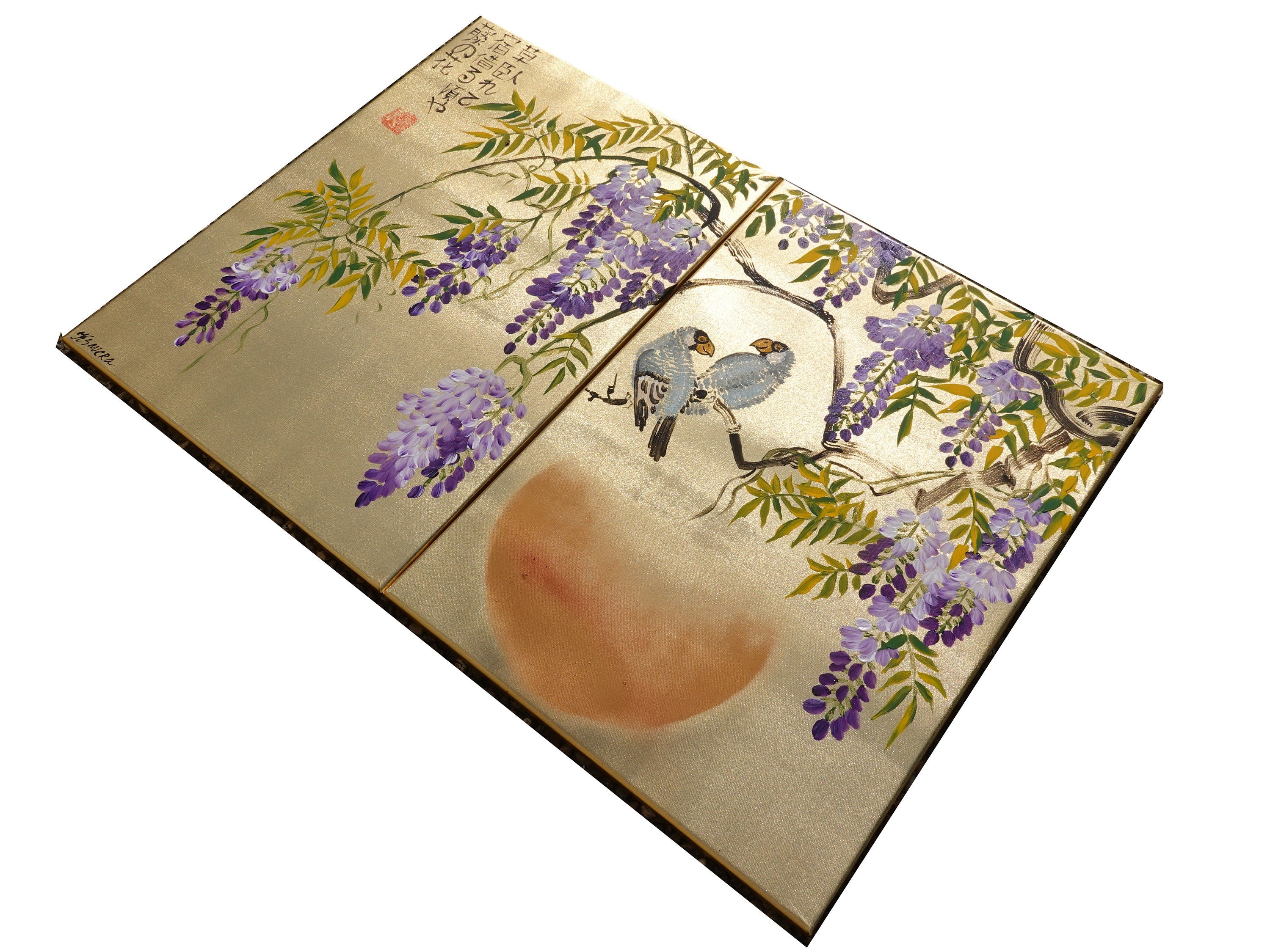 Wisteria and love birds J321 is a Japanese diptych. Original Acrylic Paintings on stretched gold canvas by artist Ksavera