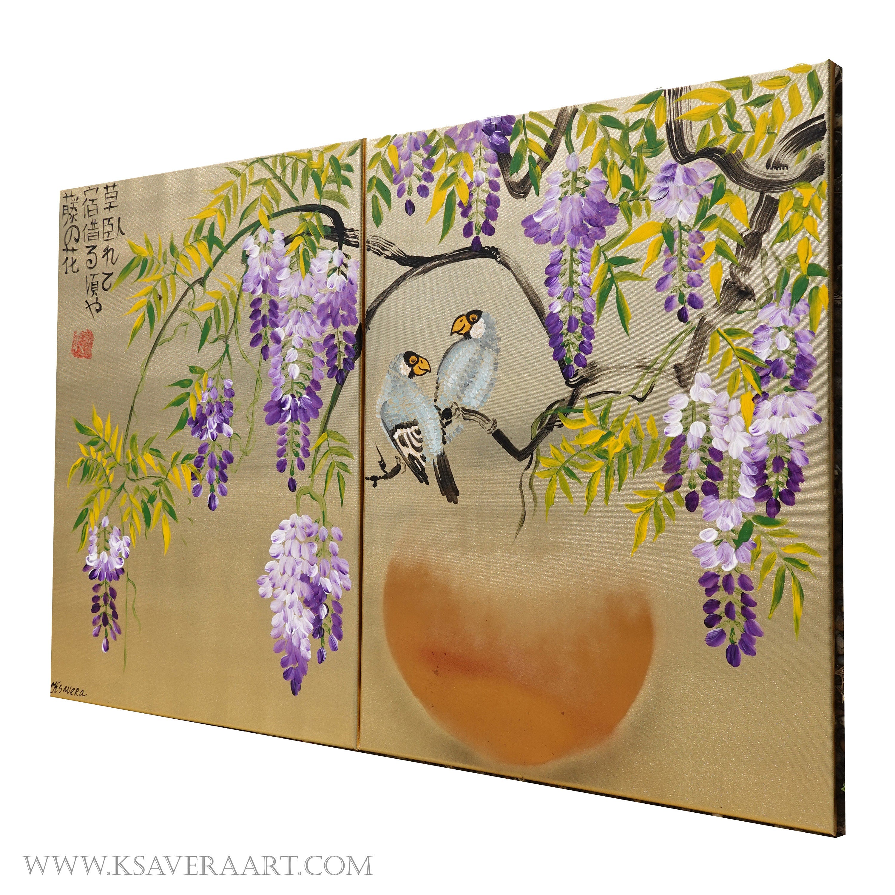Wisteria and love birds J321 is a Japanese diptych. Original Acrylic Paintings on stretched gold canvas by artist Ksavera