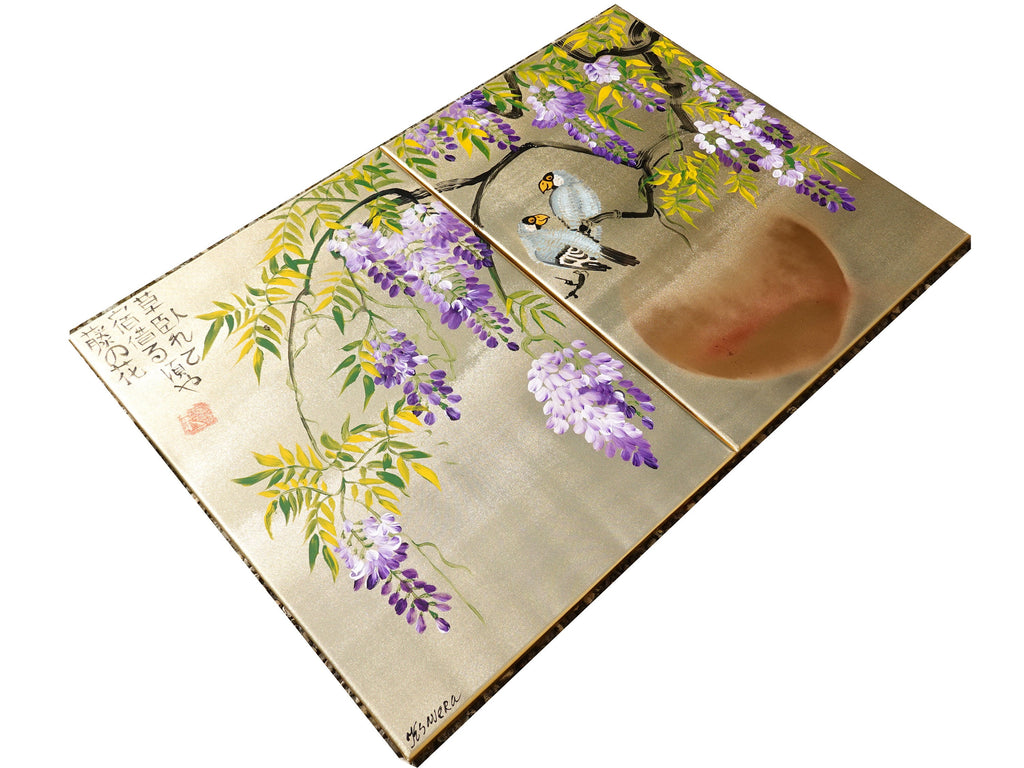 Wisteria and love birds J321 is a Japanese diptych. Original Acrylic Paintings on stretched gold canvas by artist Ksavera