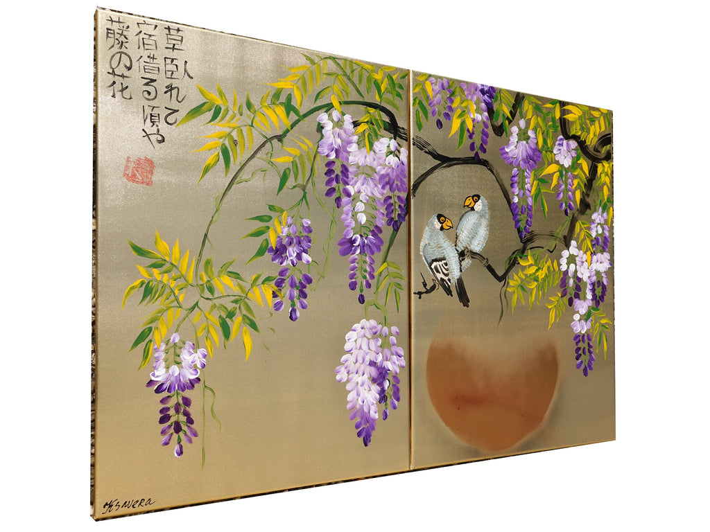 Wisteria and love birds J321 is a Japanese diptych. Original Acrylic Paintings on stretched gold canvas by artist Ksavera