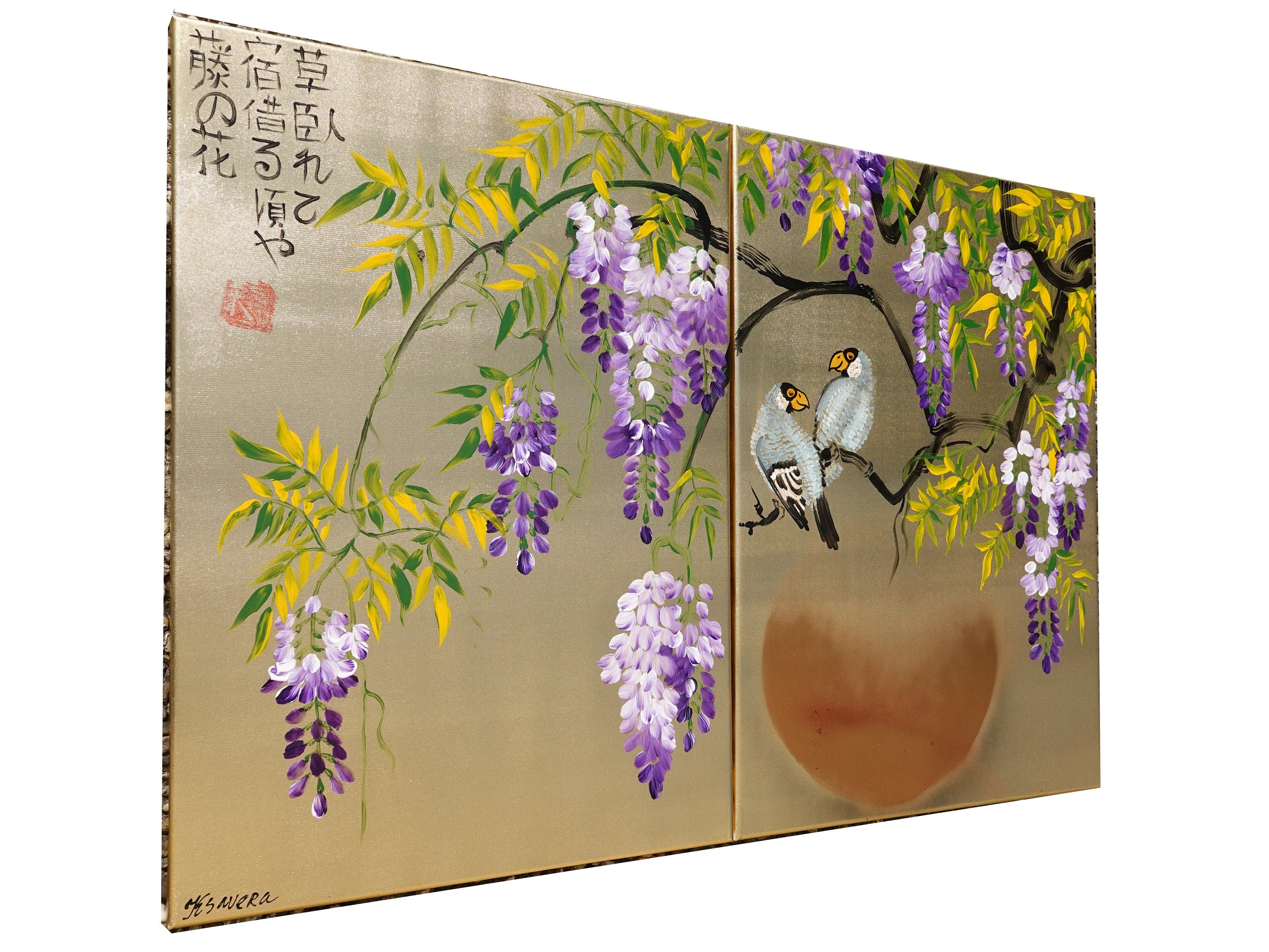 Wisteria and love birds J321 is a Japanese diptych. Original Acrylic Paintings on stretched gold canvas by artist Ksavera