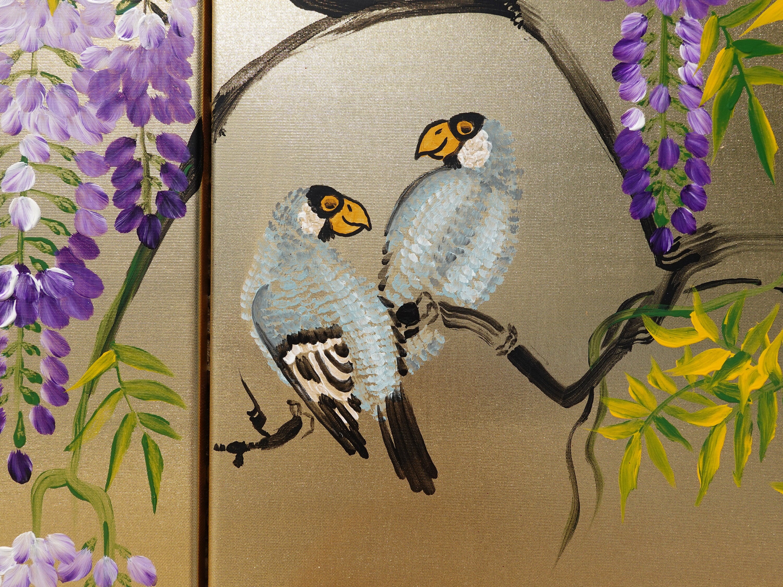 Wisteria and love birds J321 is a Japanese diptych. Original Acrylic Paintings on stretched gold canvas by artist Ksavera