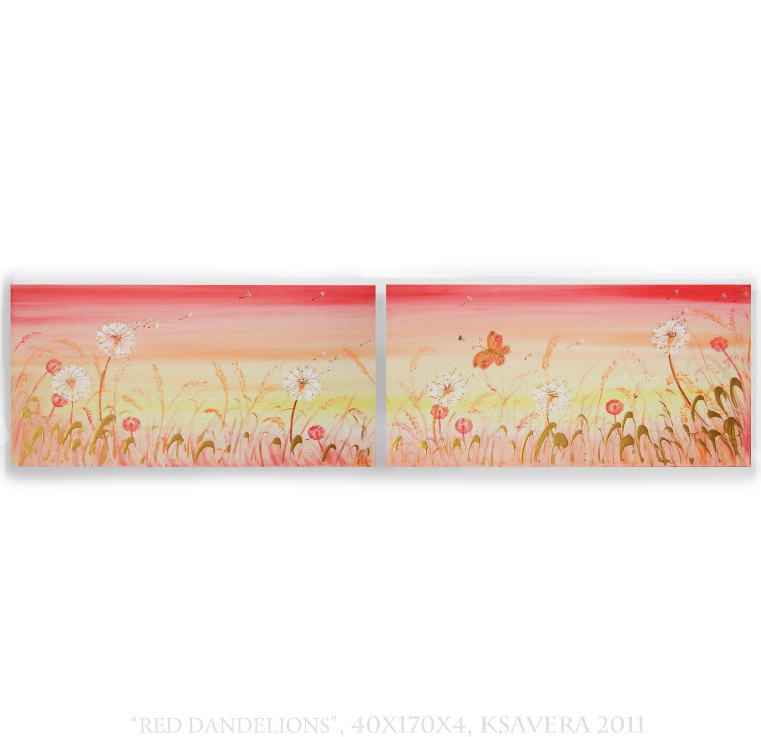 Dandelions meadow Paintings “Floral B006” - Red Long Diptych by Ksavera