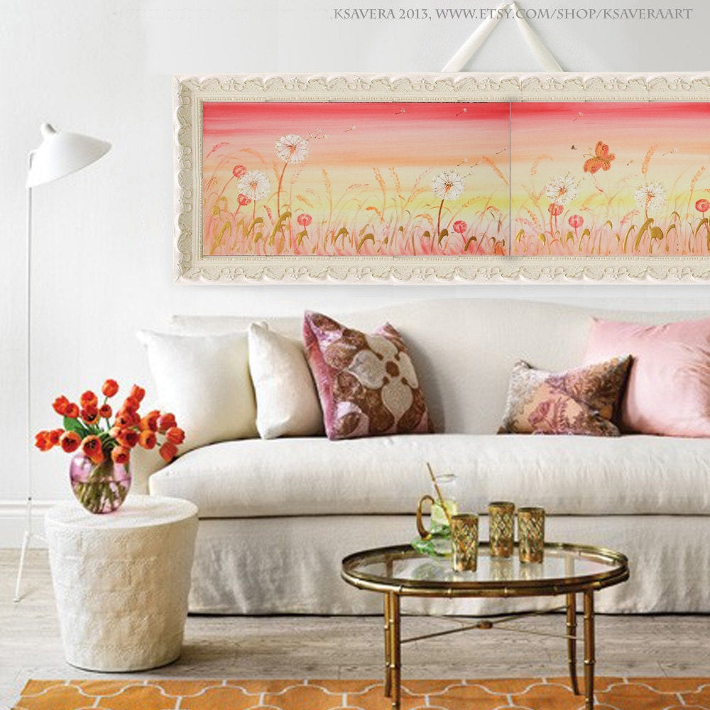 Dandelions meadow Paintings “Floral B006” - Red Long Diptych by Ksavera