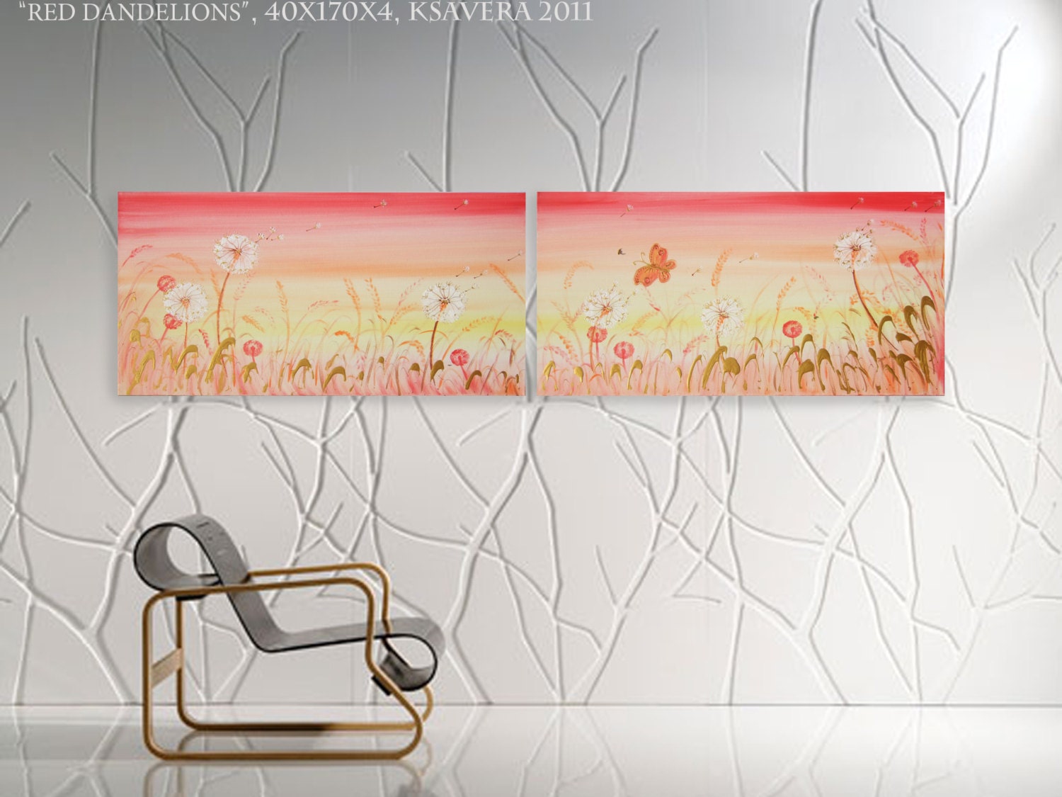 Dandelions meadow Paintings “Floral B006” - Red Long Diptych by Ksavera