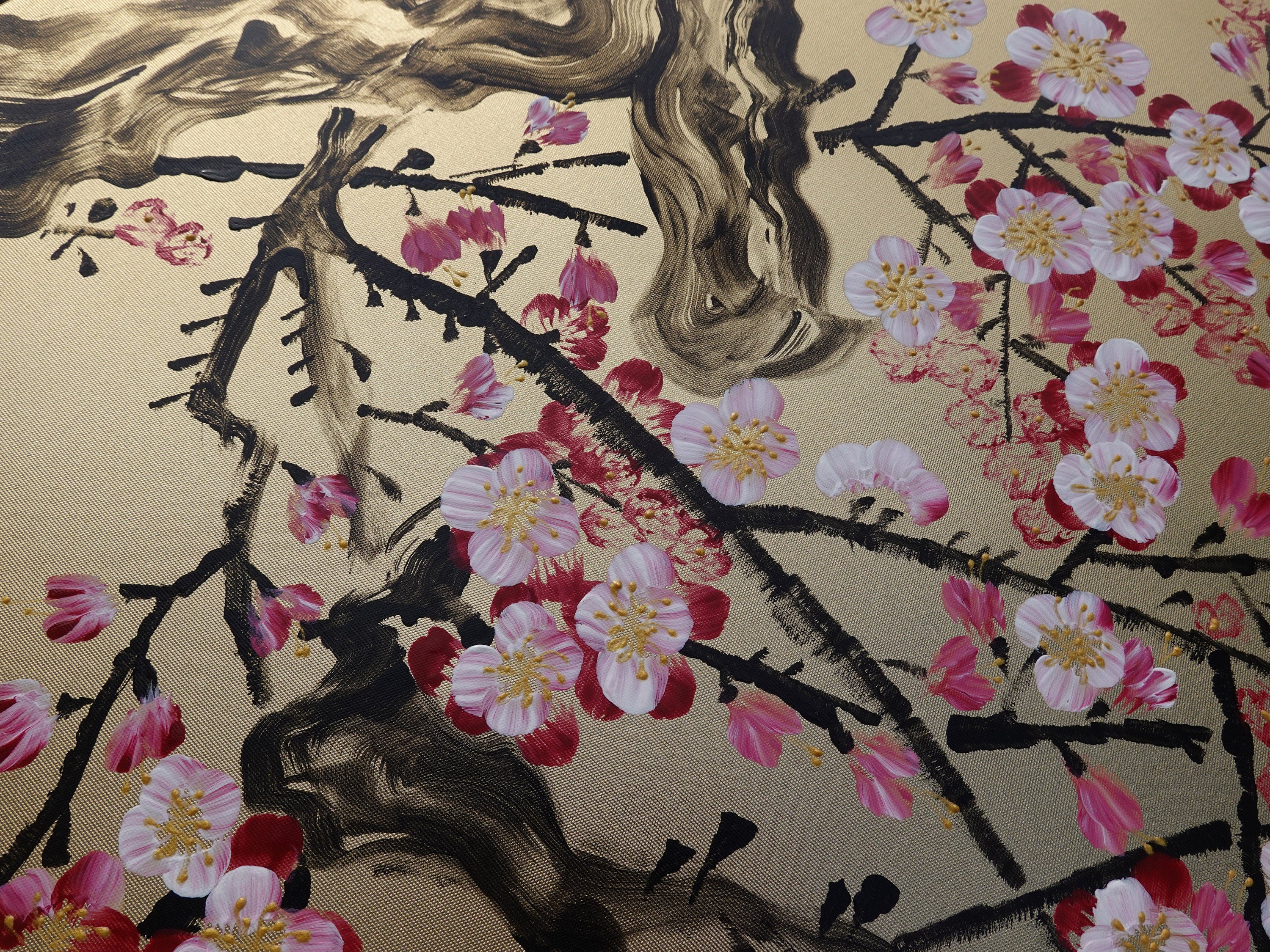 Cherry blossoms J337 is a Japanese diptych with haiku. Original Acrylic Painting on stretched gold canvas by artist Ksavera