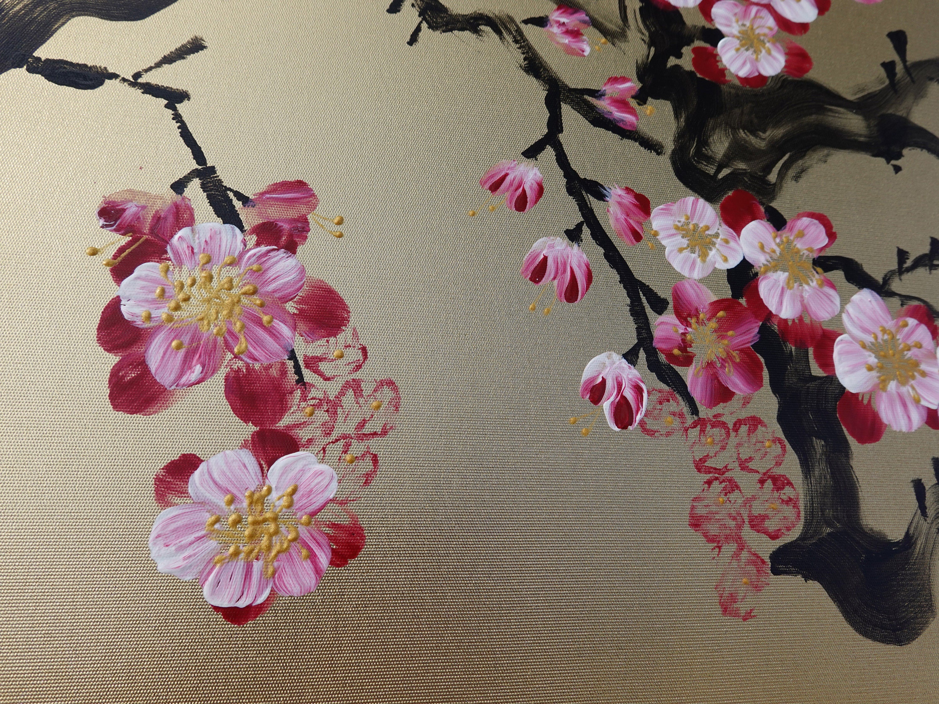 Cherry blossoms J337 is a Japanese diptych with haiku. Original Acrylic Painting on stretched gold canvas by artist Ksavera