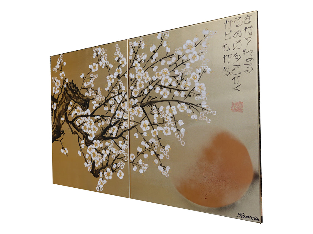 White Cherry blossoms J340 is a Japanese diptych. Original Acrylic Painting on stretched gold canvas by artist Ksavera
