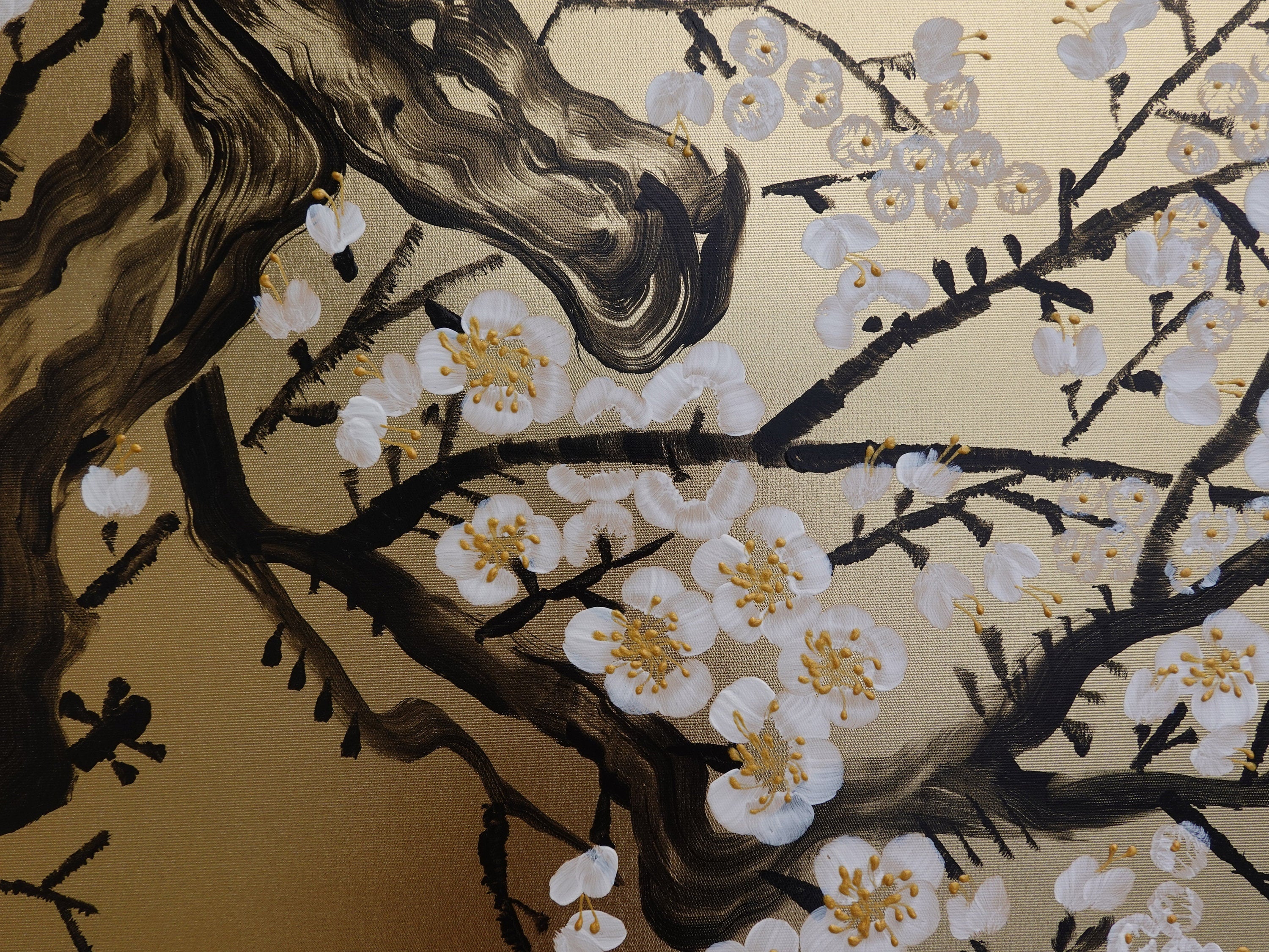 White Cherry blossoms J340 is a Japanese diptych. Original Acrylic Painting on stretched gold canvas by artist Ksavera