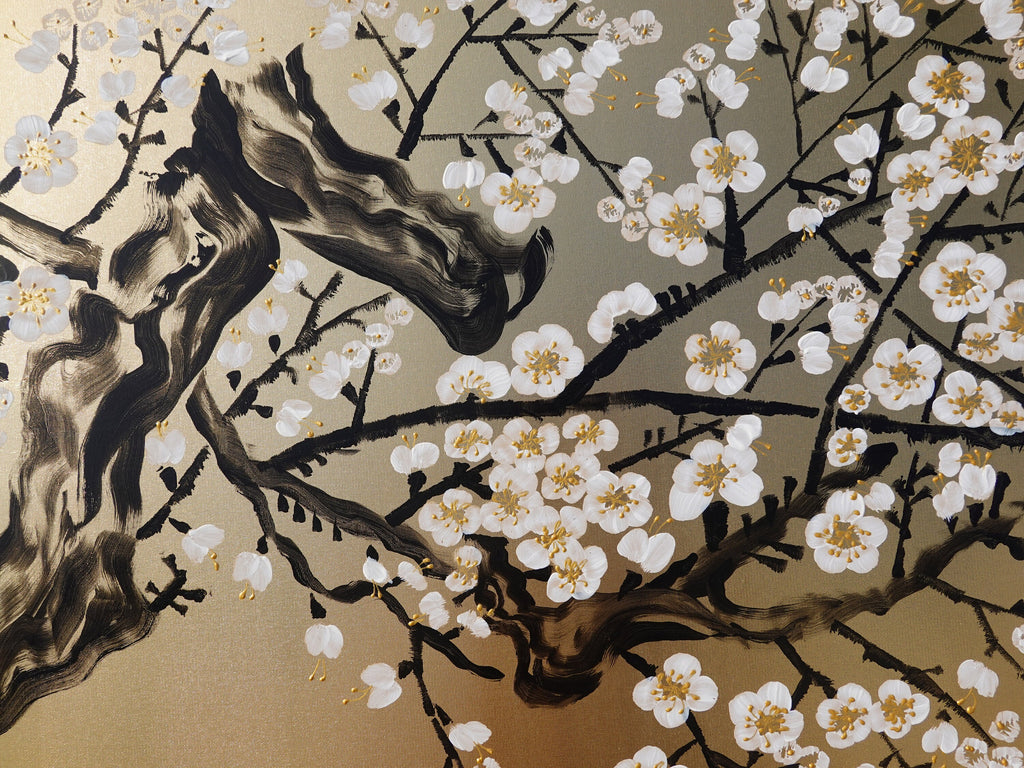 White Cherry blossoms J339 is a Japanese-inspired diptych.
Original Acrylic Painting on stretched gold canvas by artist Ksavera