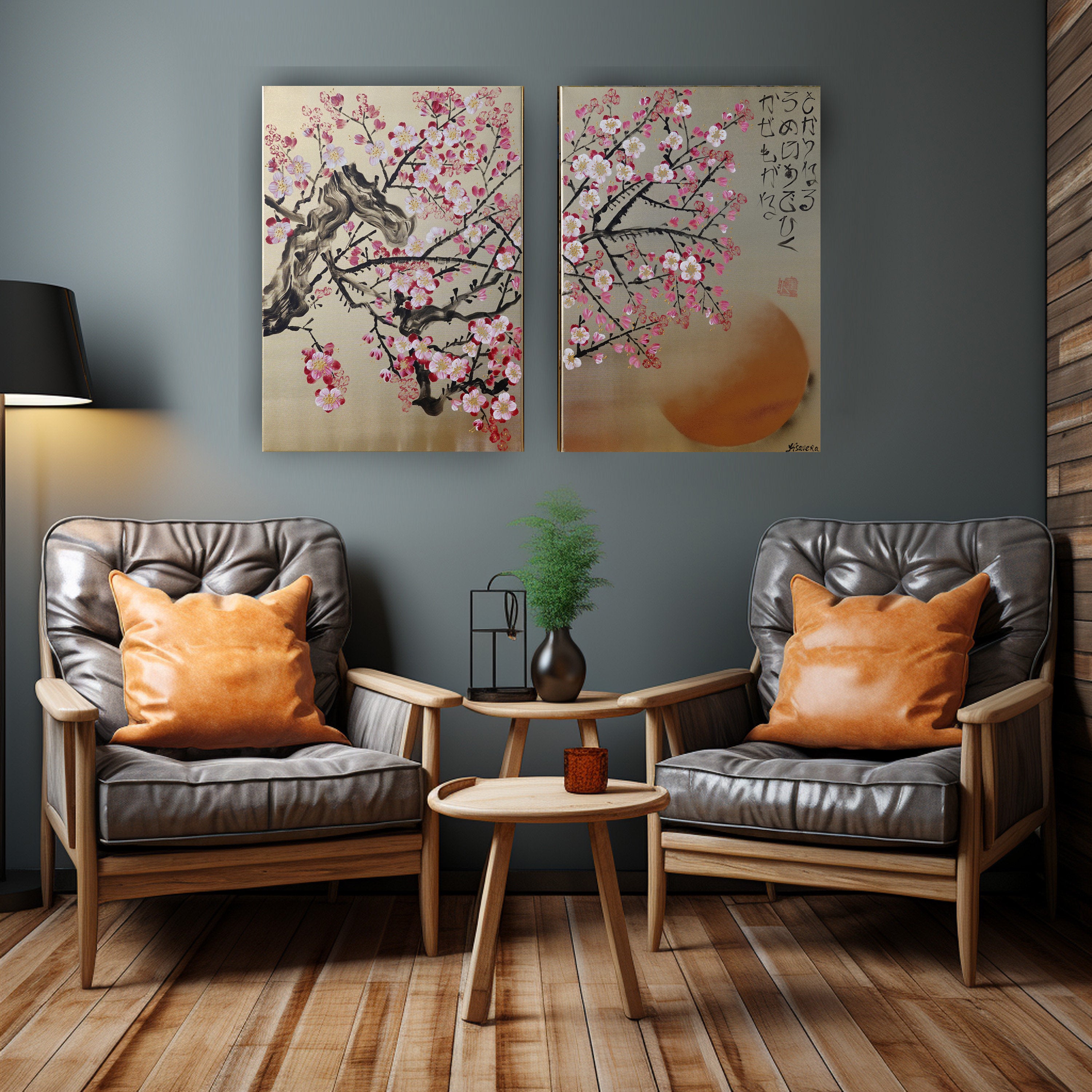 Cherry blossoms J337 is a Japanese diptych with haiku. Original Acrylic Painting on stretched gold canvas by artist Ksavera
