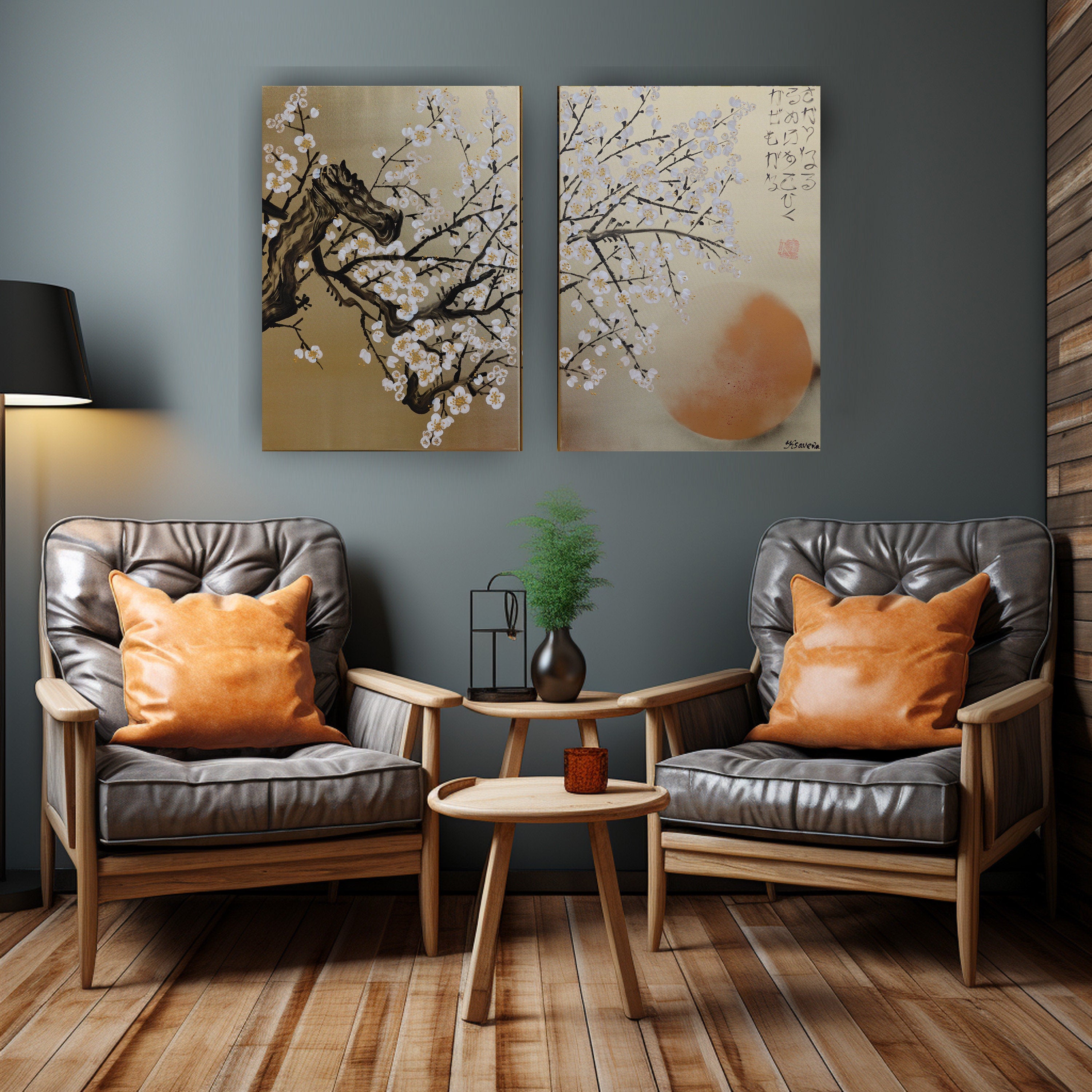 White Cherry blossoms J340 is a Japanese diptych. Original Acrylic Painting on stretched gold canvas by artist Ksavera